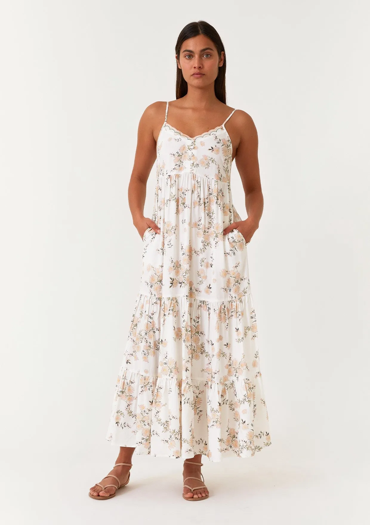 Cream Floral Sleeveless Tiered Maxi Dress sold by Pinkblush
