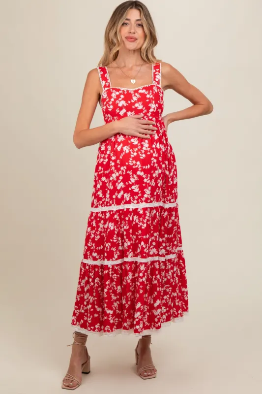 Red Floral Lace Trim Tiered Maternity Maxi Dress sold by Pinkblush