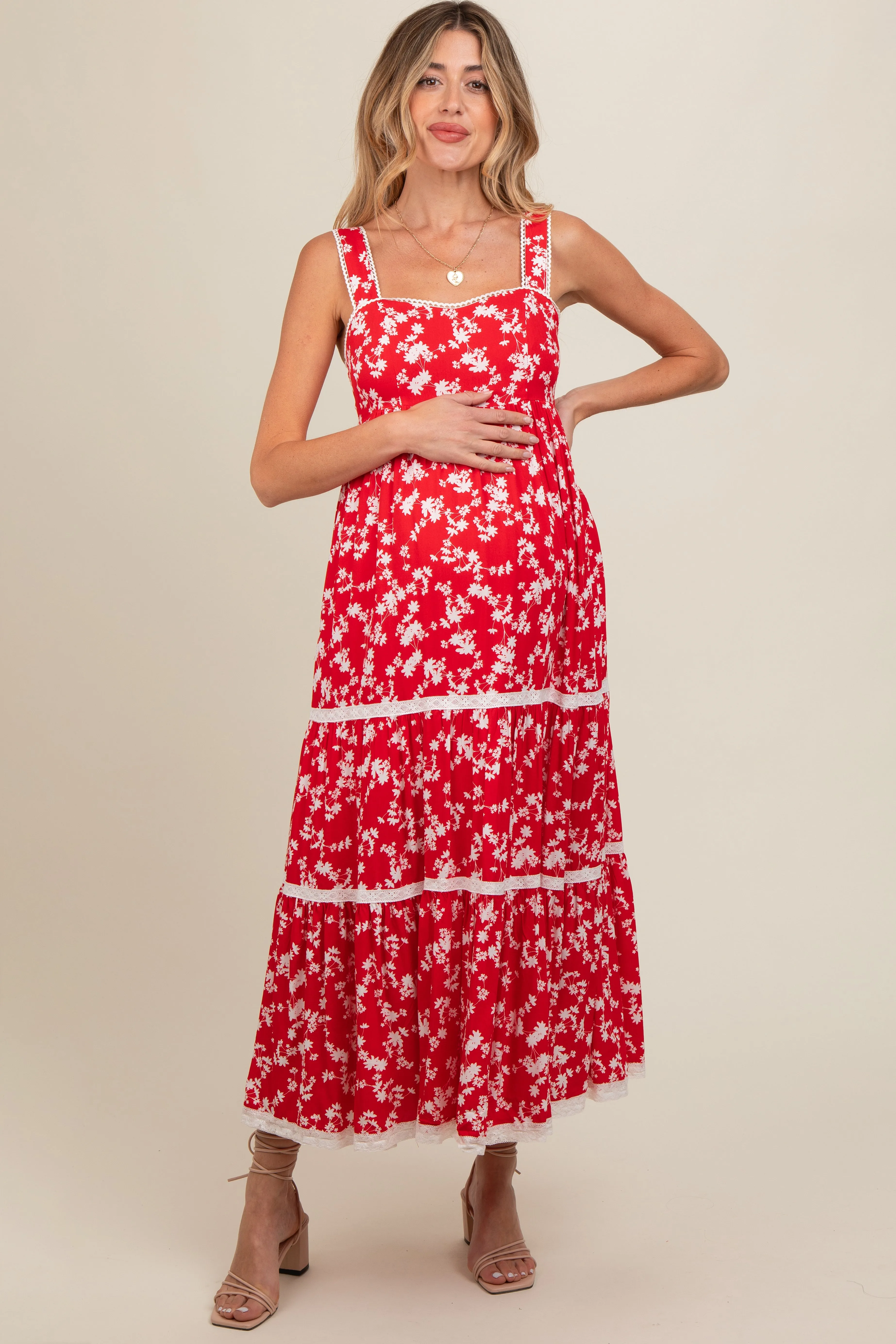 Red Floral Lace Trim Tiered Maternity Maxi Dress sold by Pinkblush
