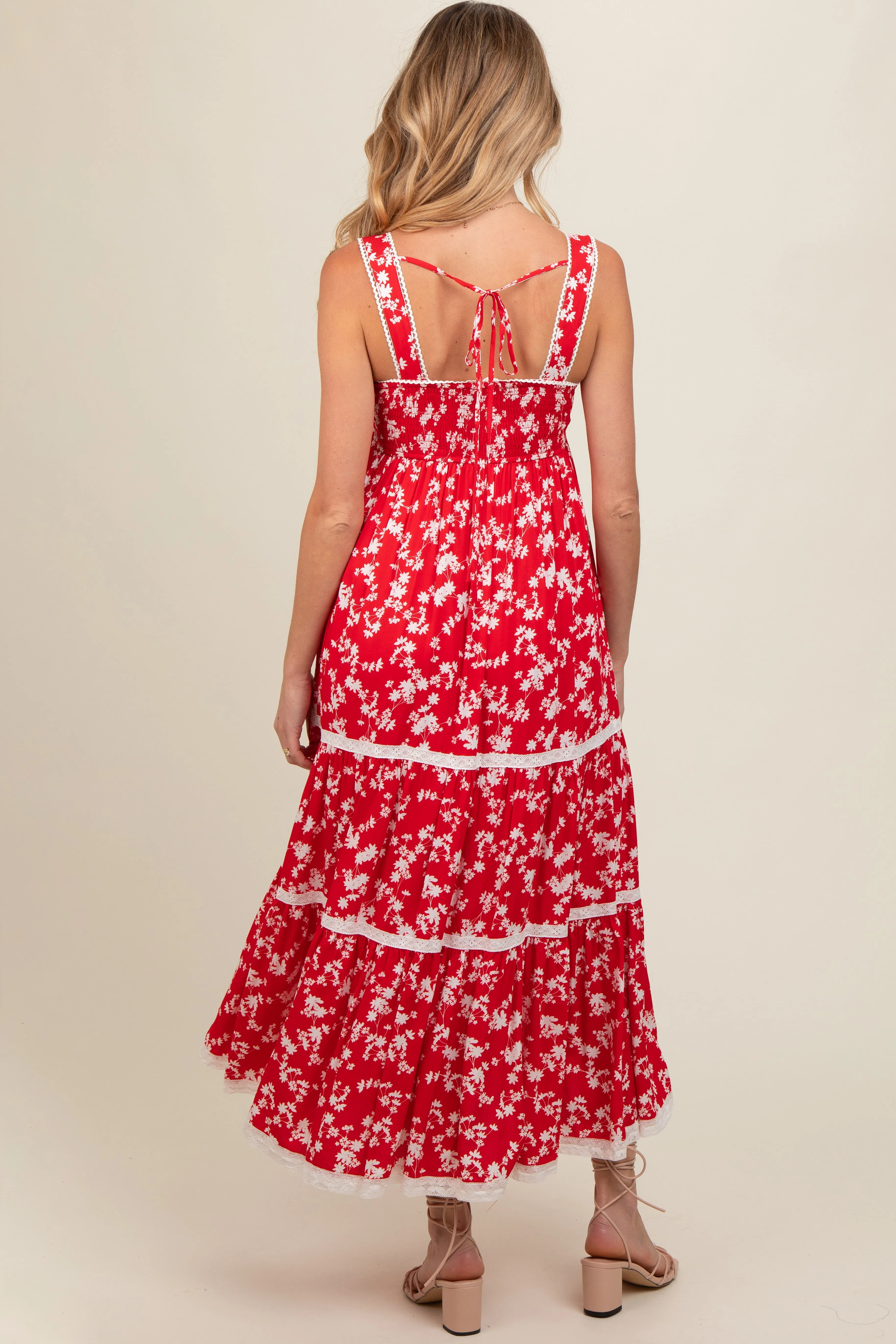 Red Floral Lace Trim Tiered Maternity Maxi Dress sold by Pinkblush product image thumbnail 4
