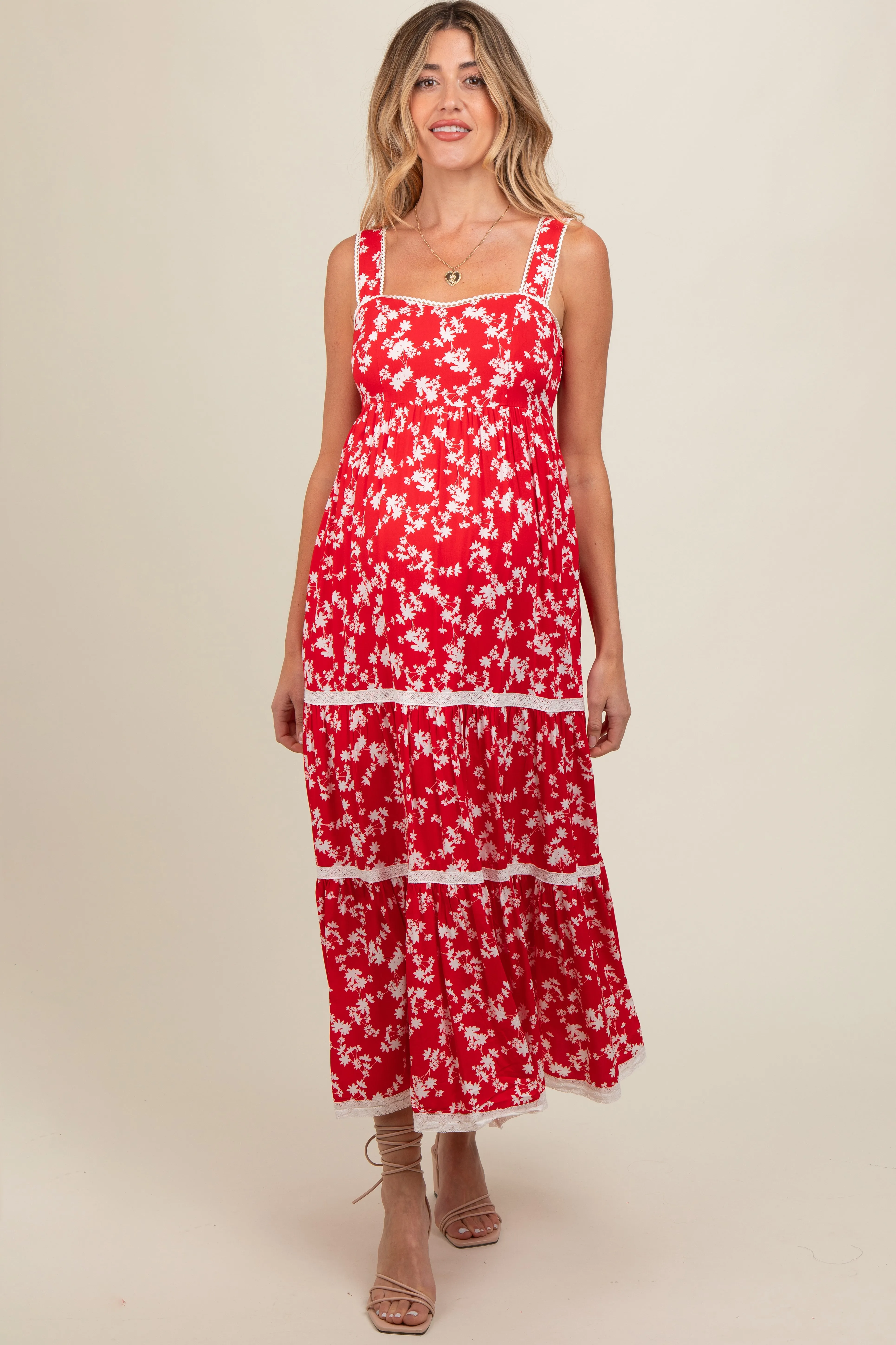 Red Floral Lace Trim Tiered Maternity Maxi Dress sold by Pinkblush product image thumbnail 2