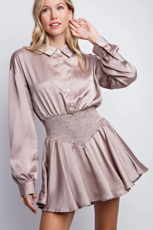 Taupe Smocked Flowy Shirt Romper sold by Pinkblush