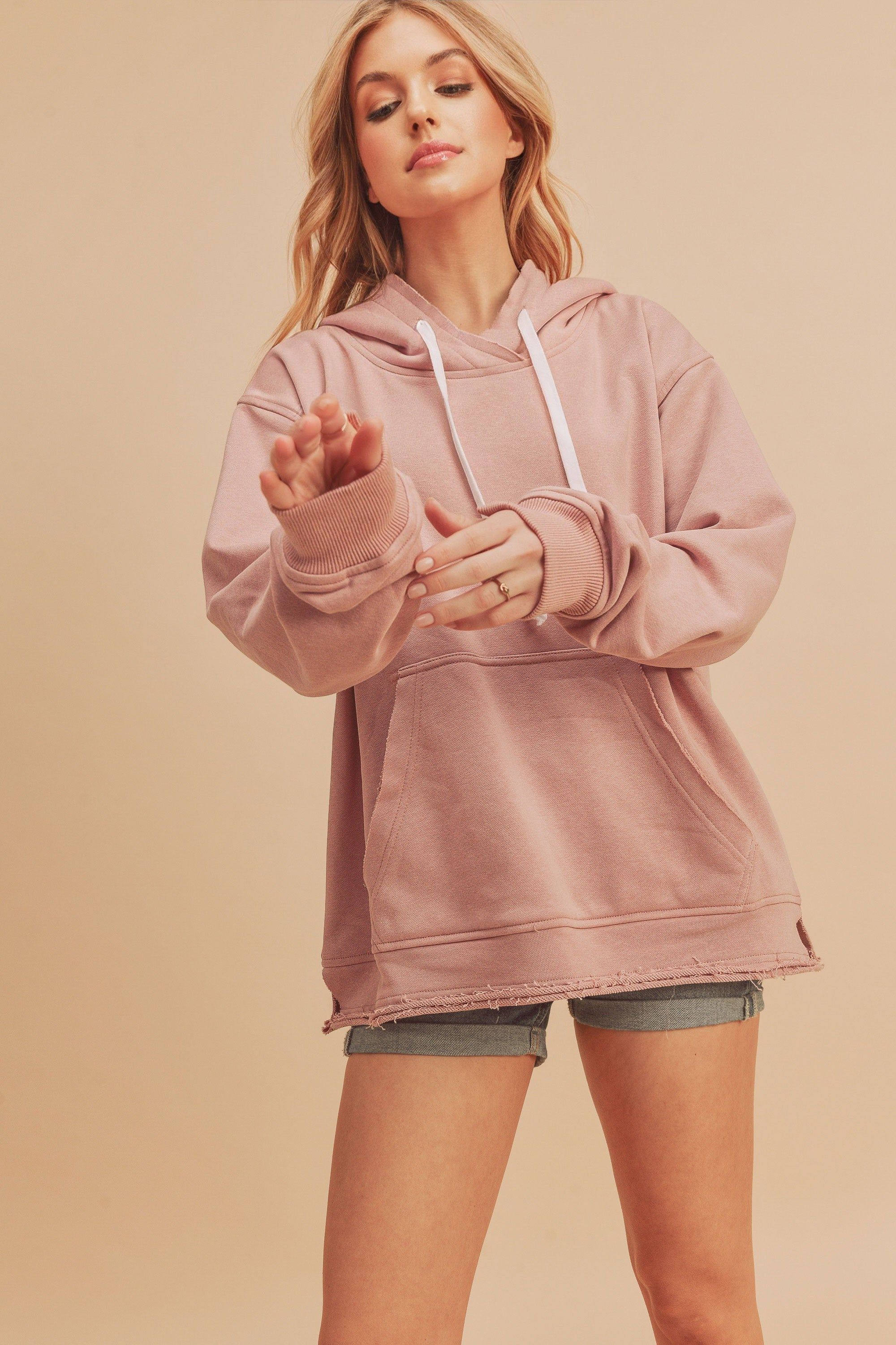 Mauve Raw Edge Trim Drawstring Hoodie sold by Pinkblush product image thumbnail 2