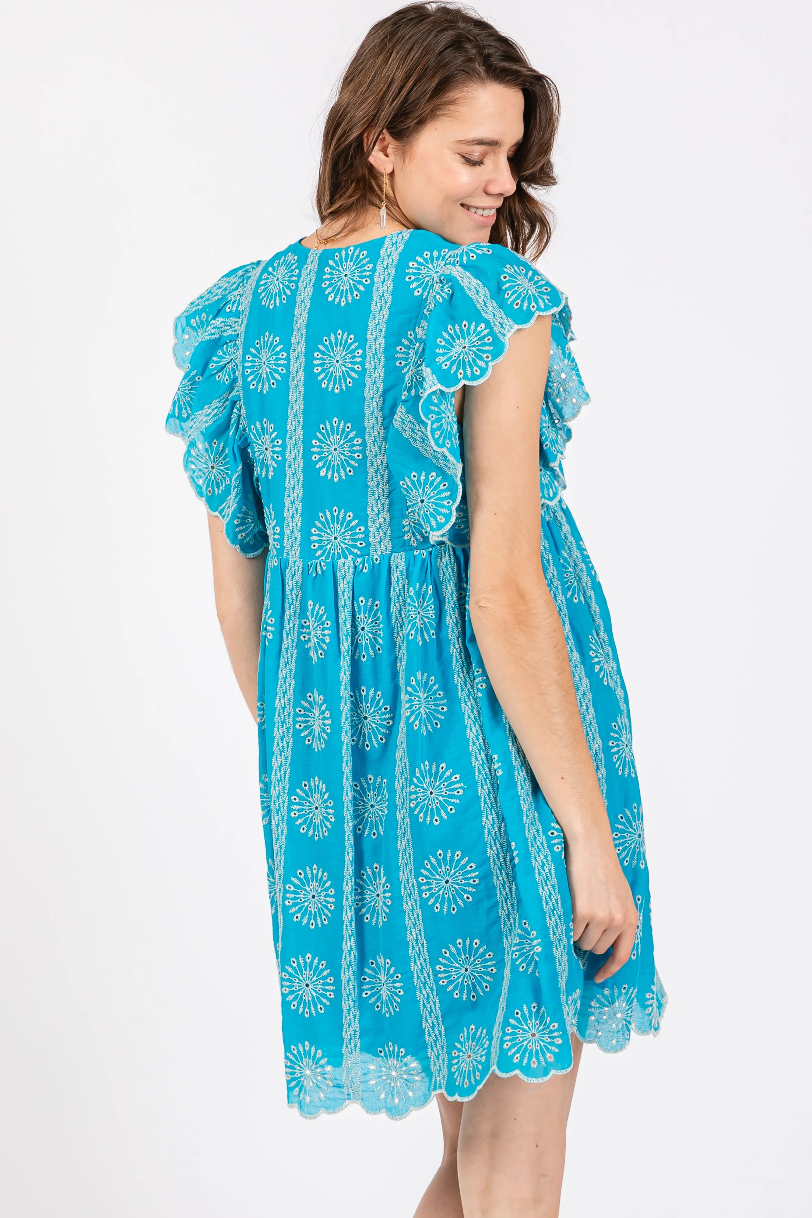 Turquoise Embroidered Flutter Sleeve Dress sold by Pinkblush product image thumbnail 3