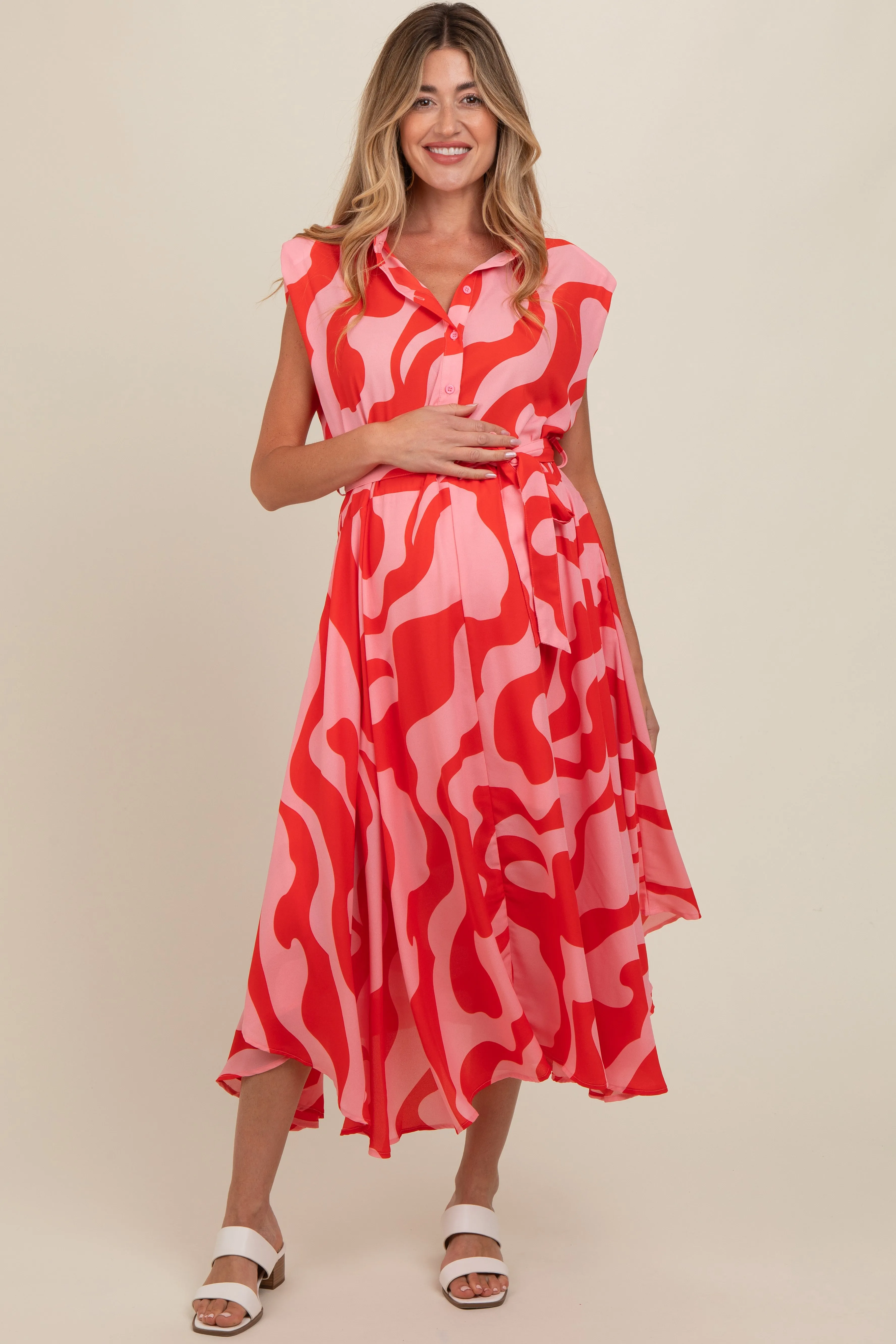 Red Abstract Print Collared Belted Maternity Dress sold by Pinkblush