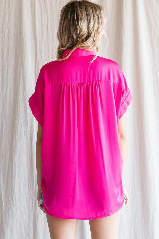Fuchsia Satin Button Front Collared Short Sleeve Top sold by Pinkblush product image thumbnail 2
