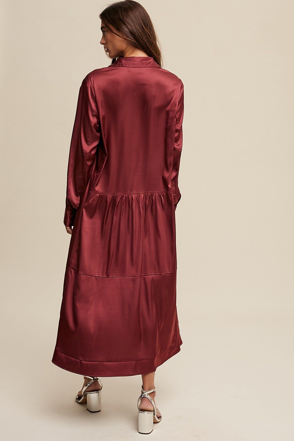 Wine Half Button Up Collar Satin Maxi Dress sold by Pinkblush product image thumbnail 3