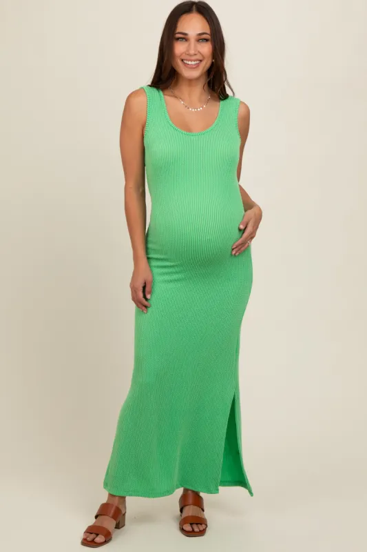 Green Ribbed Side Slit Maternity Maxi Dress sold by Pinkblush