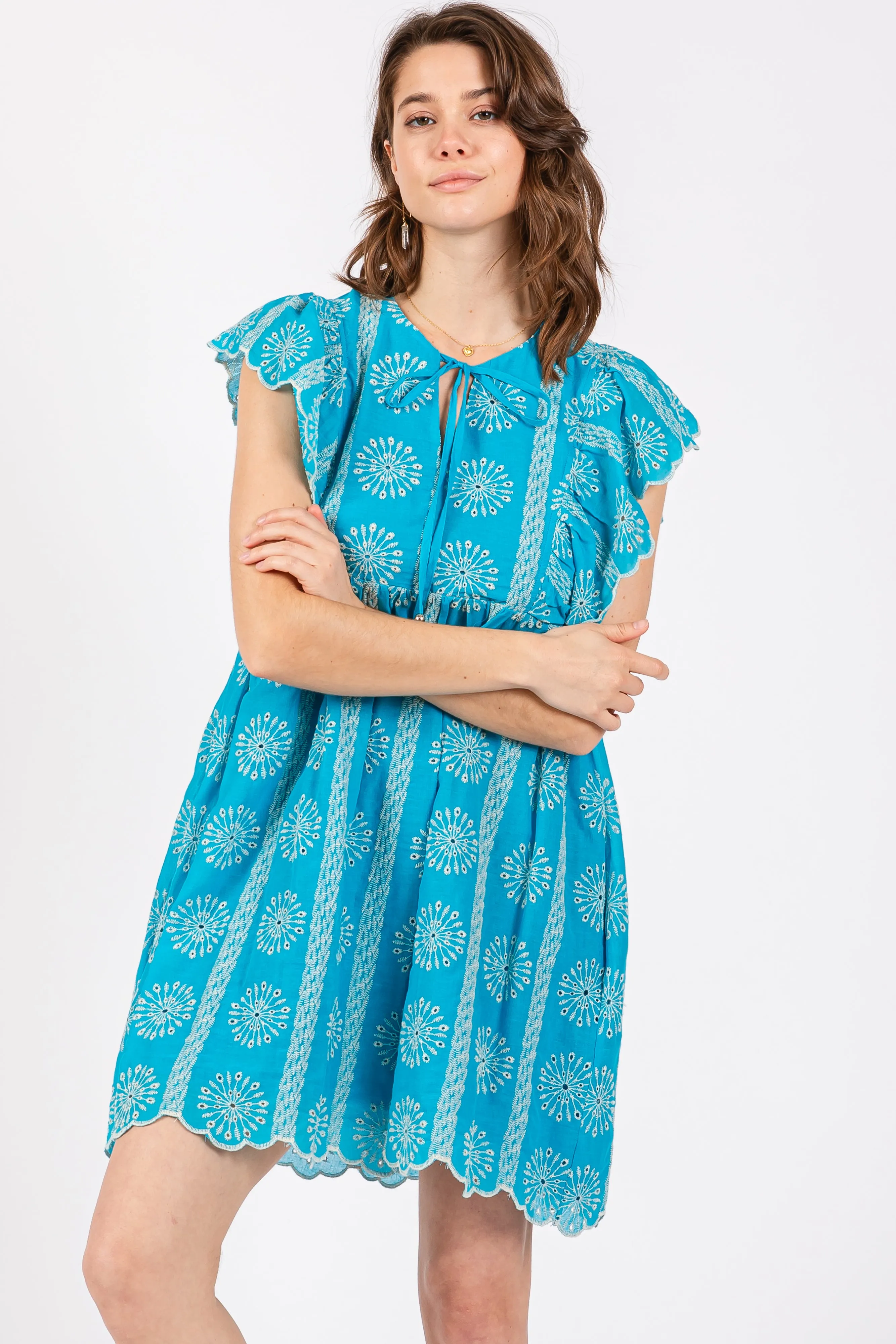 Turquoise Embroidered Flutter Sleeve Dress sold by Pinkblush