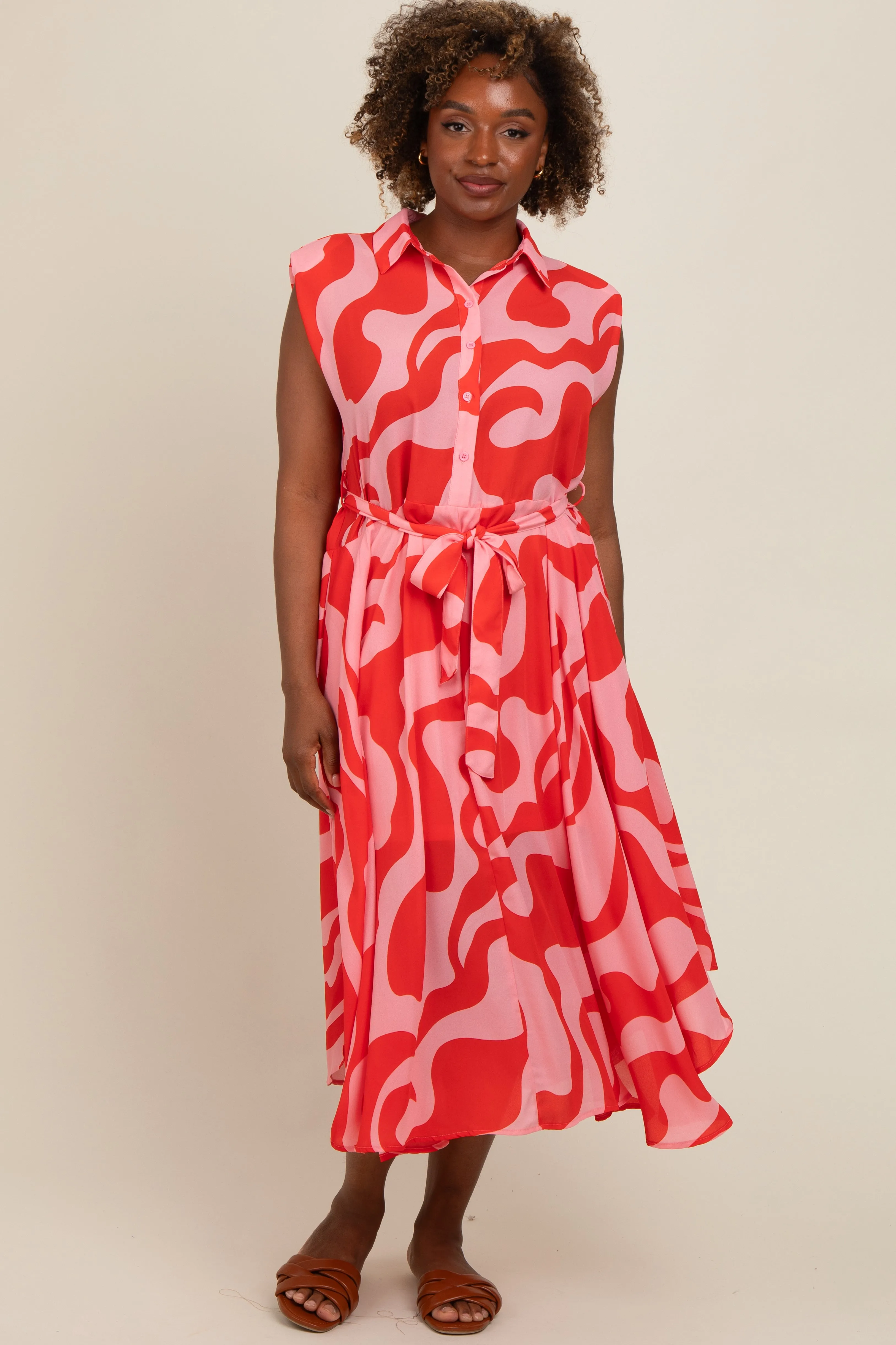 Red Abstract Print Collared Belted Maternity Dress sold by Pinkblush product image thumbnail 5