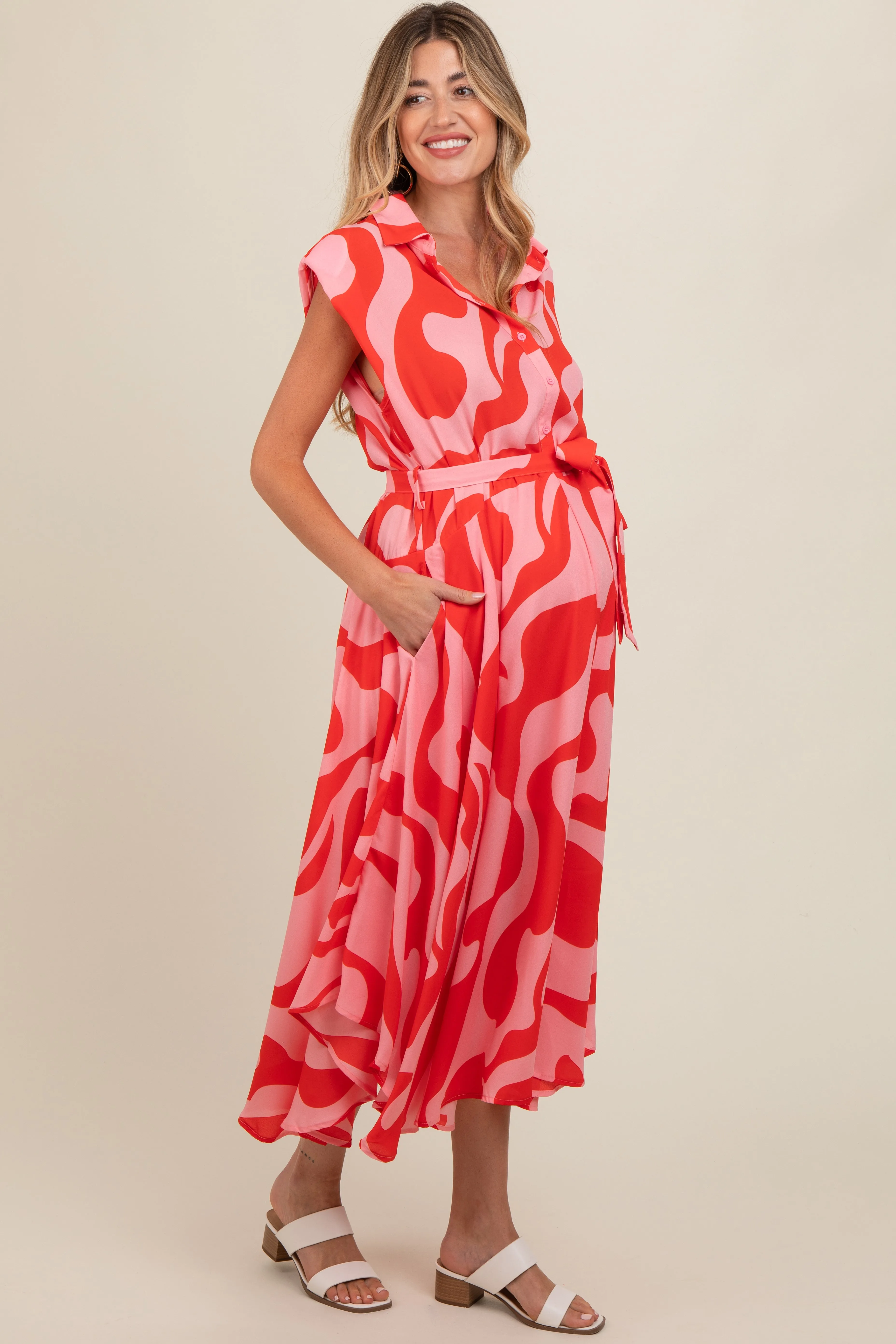 Red Abstract Print Collared Belted Maternity Dress sold by Pinkblush product image thumbnail 3