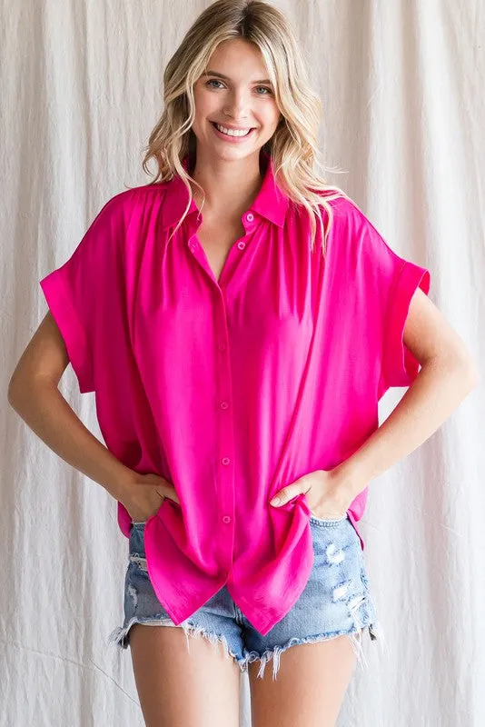 Fuchsia Satin Button Front Collared Short Sleeve Top sold by Pinkblush