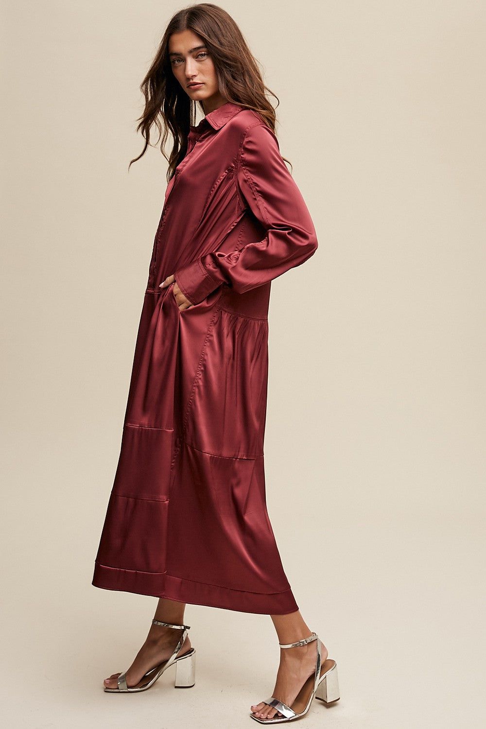 Wine Half Button Up Collar Satin Maxi Dress sold by Pinkblush product image thumbnail 2