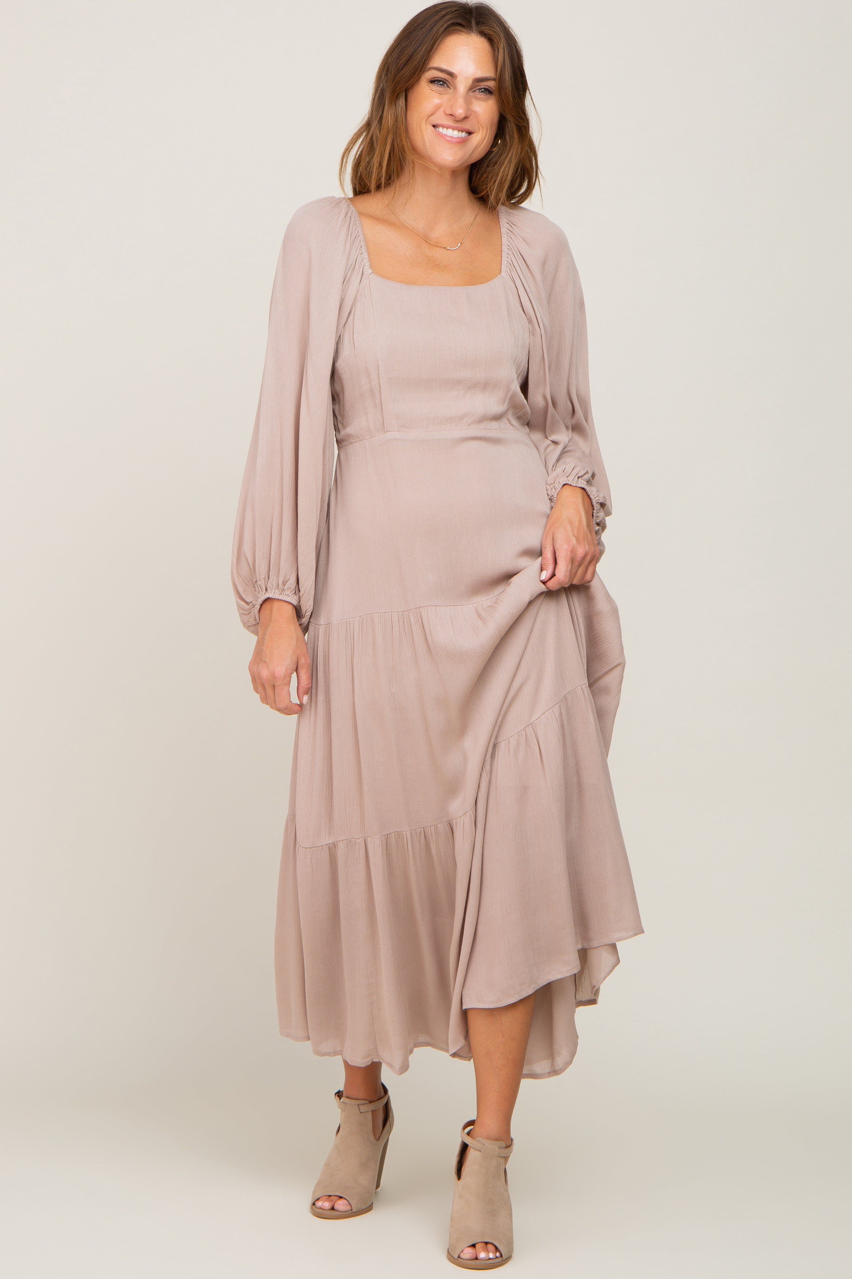 Taupe Tiered Midi Dress sold by Pinkblush product image thumbnail 4