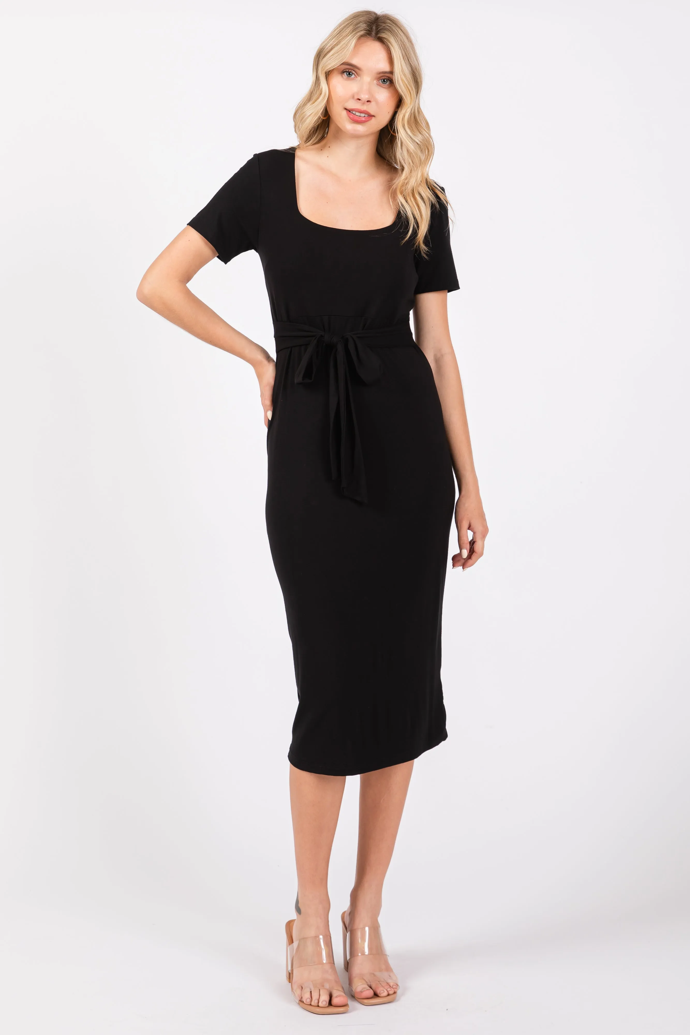 Black Square Neck Belted Maternity Midi Dress sold by Pinkblush product image thumbnail 5