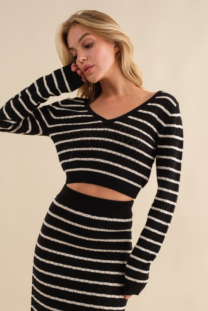 Black Stripe Knit Stripe Top And Skirt Set sold by Pinkblush product image thumbnail 4