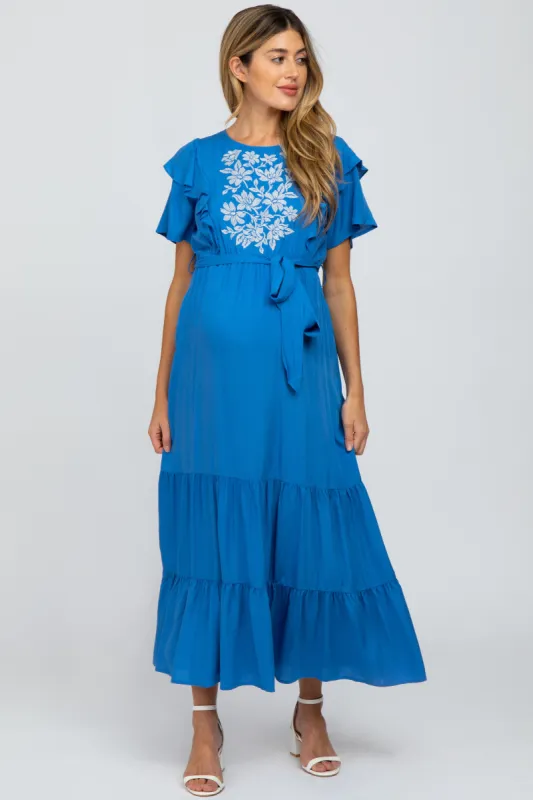 Blue Floral Embroidered Maternity Maxi Dress sold by Pinkblush