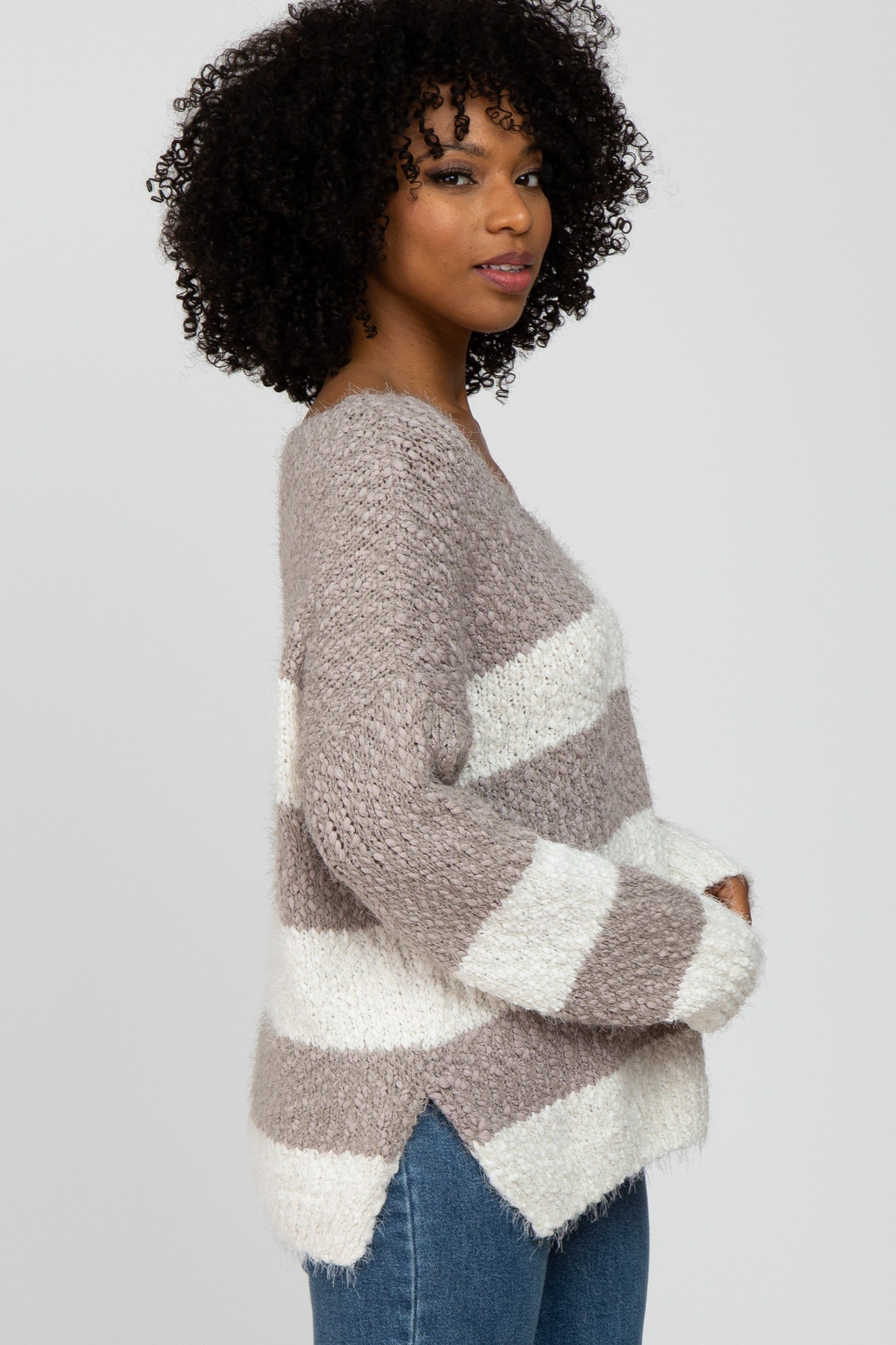 Mocha Striped V-Neck Eyelash Sweater sold by Pinkblush product image thumbnail 2