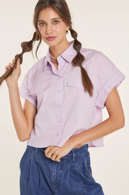 Lavender Crop Button Down Shirt With Drop Shoulders sold by Pinkblush