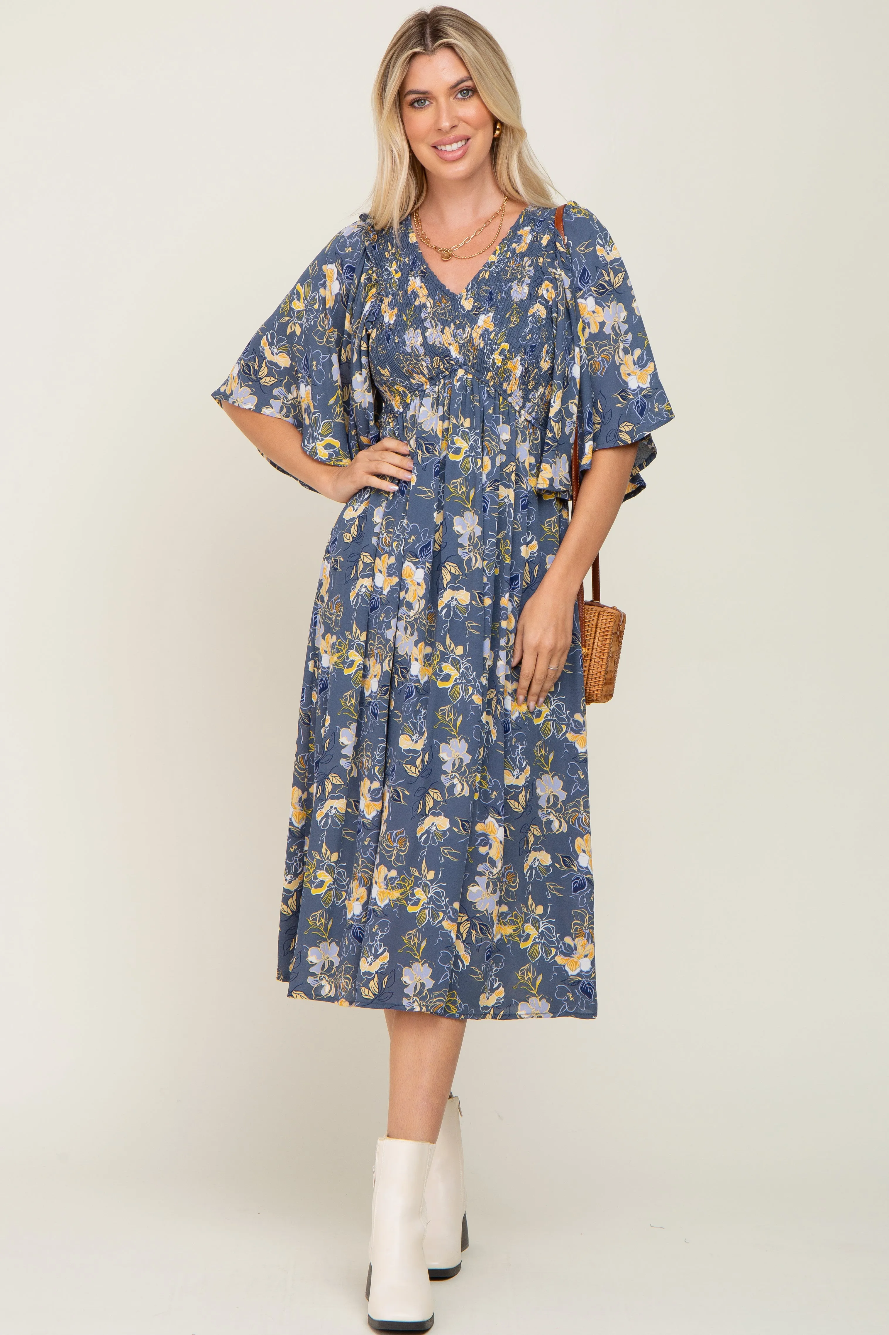 Blue Floral Smocked Flowy Half Sleeve Maternity Midi Dress sold by Pinkblush product image thumbnail 5