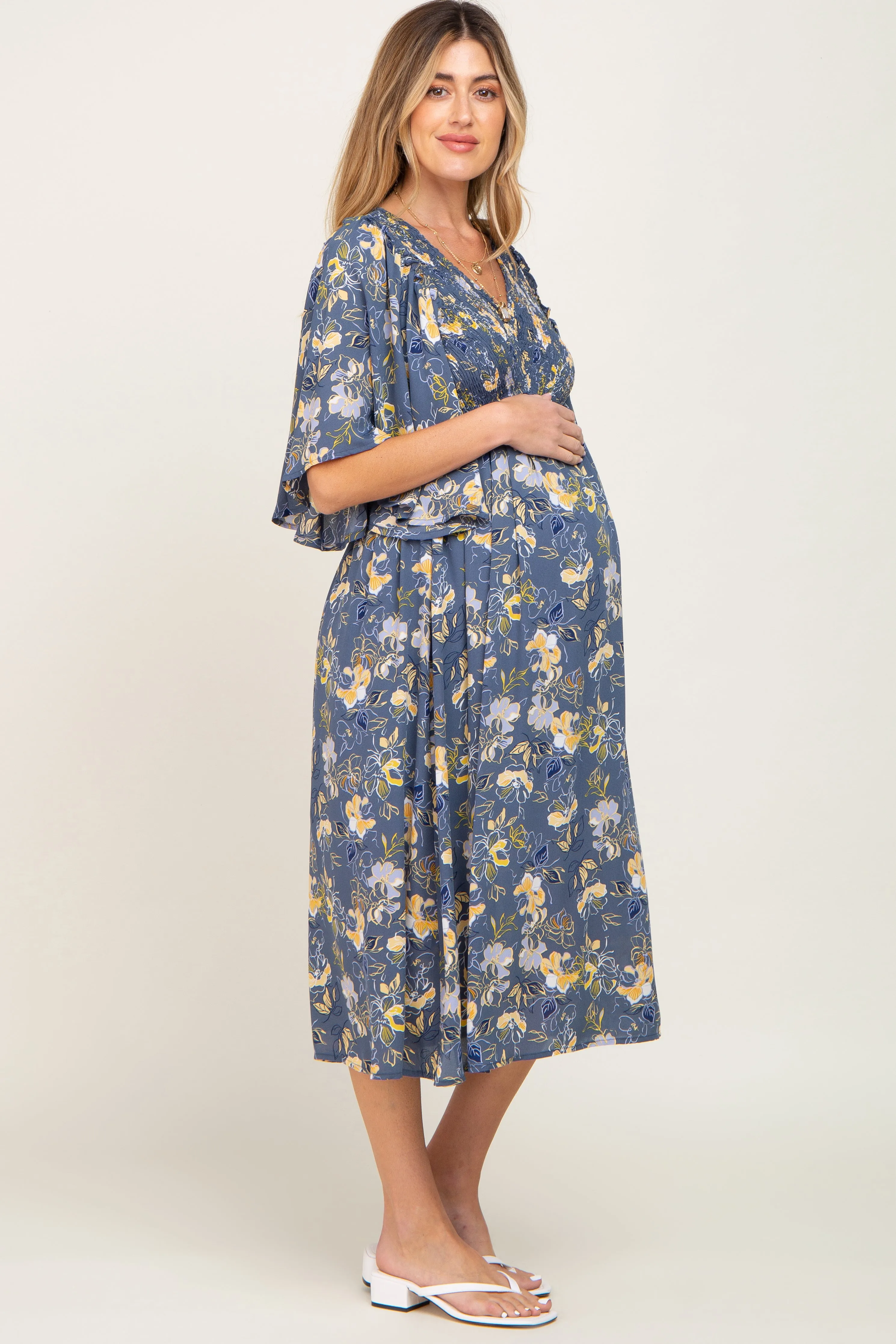 Blue Floral Smocked Flowy Half Sleeve Maternity Midi Dress sold by Pinkblush product image thumbnail 2
