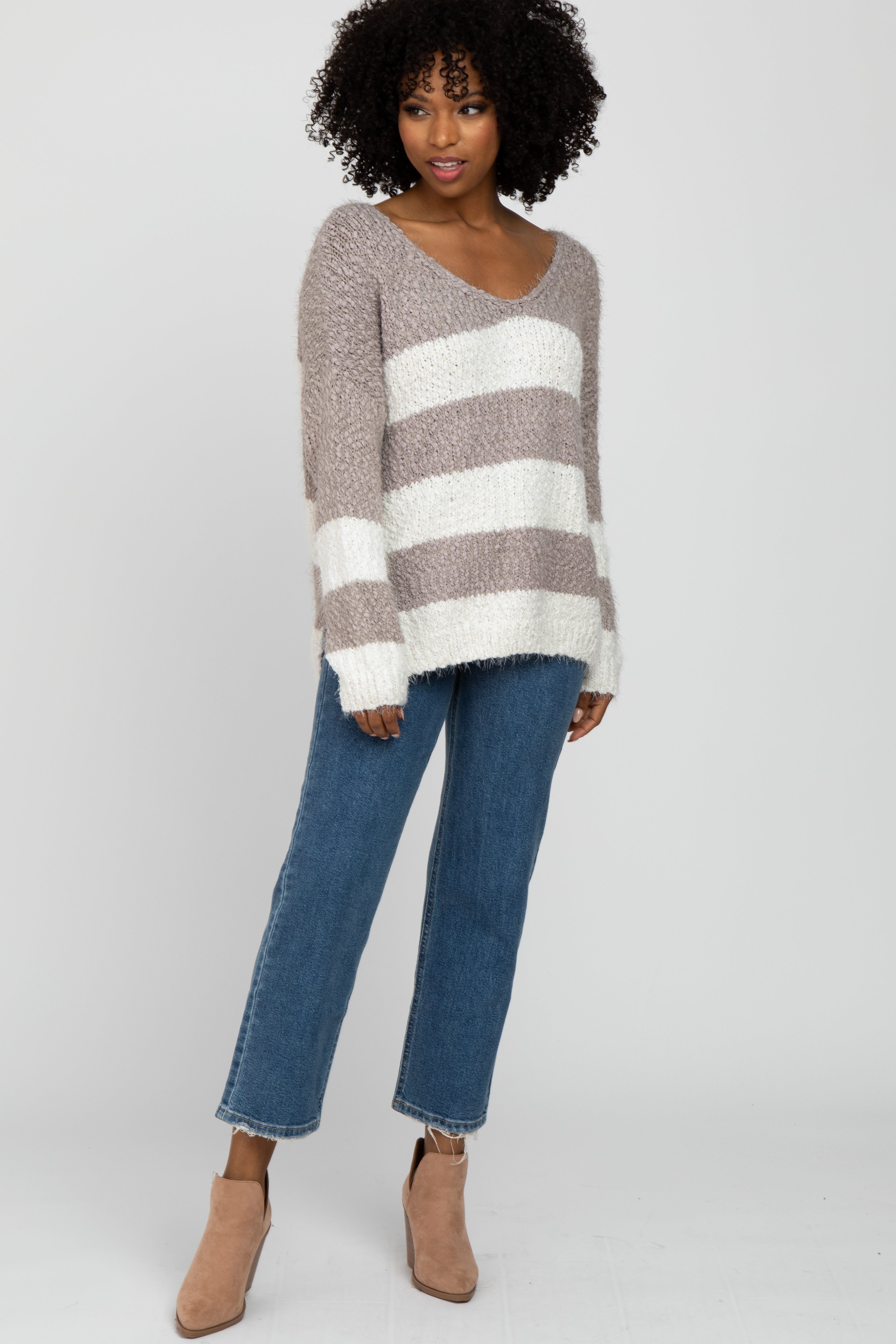 Mocha Striped V-Neck Eyelash Sweater sold by Pinkblush product image thumbnail 4