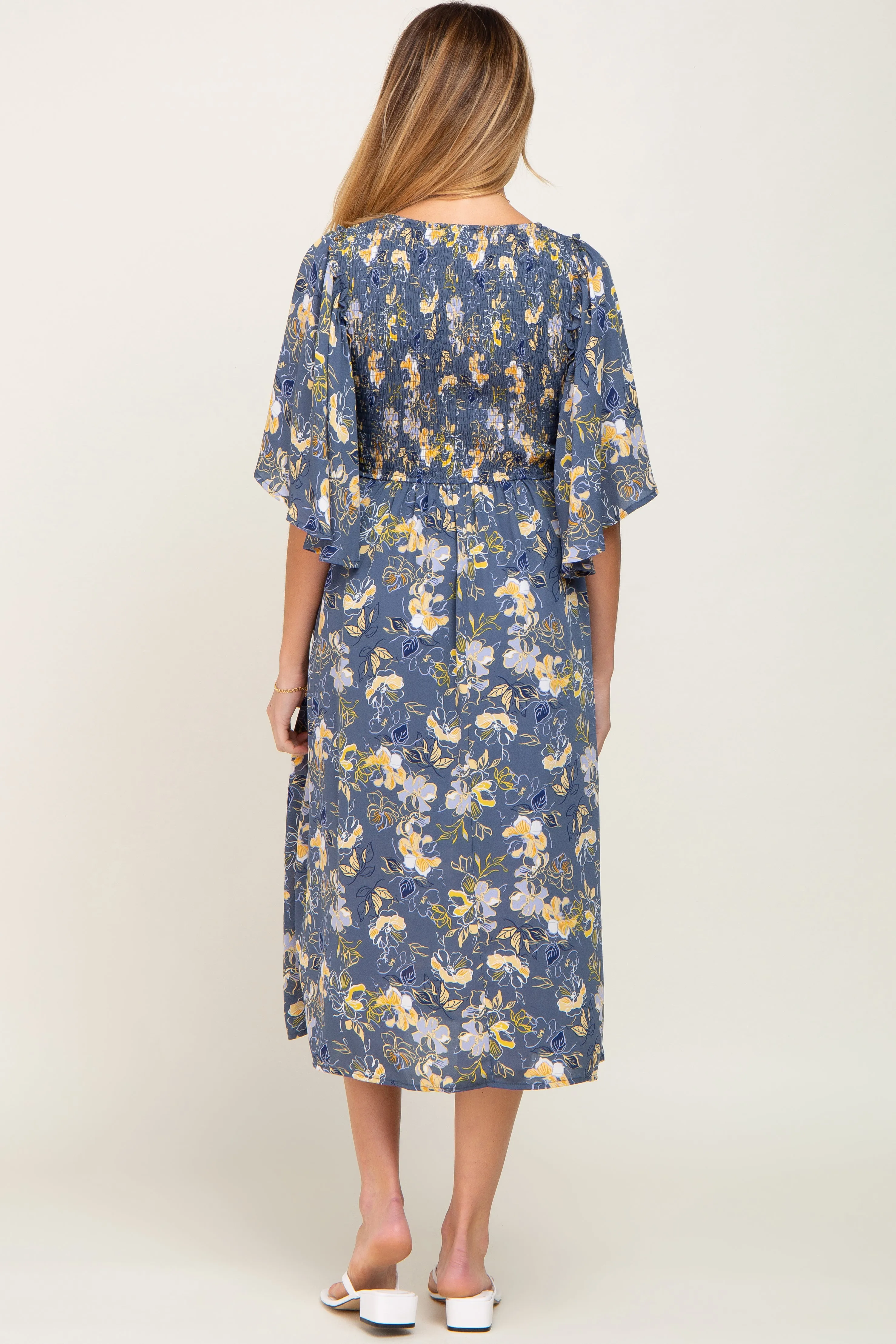 Blue Floral Smocked Flowy Half Sleeve Maternity Midi Dress sold by Pinkblush product image thumbnail 3