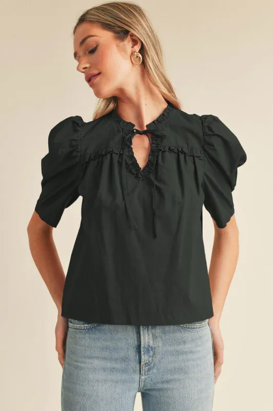 Black Ruffled Puff Sleeve Top sold by Pinkblush