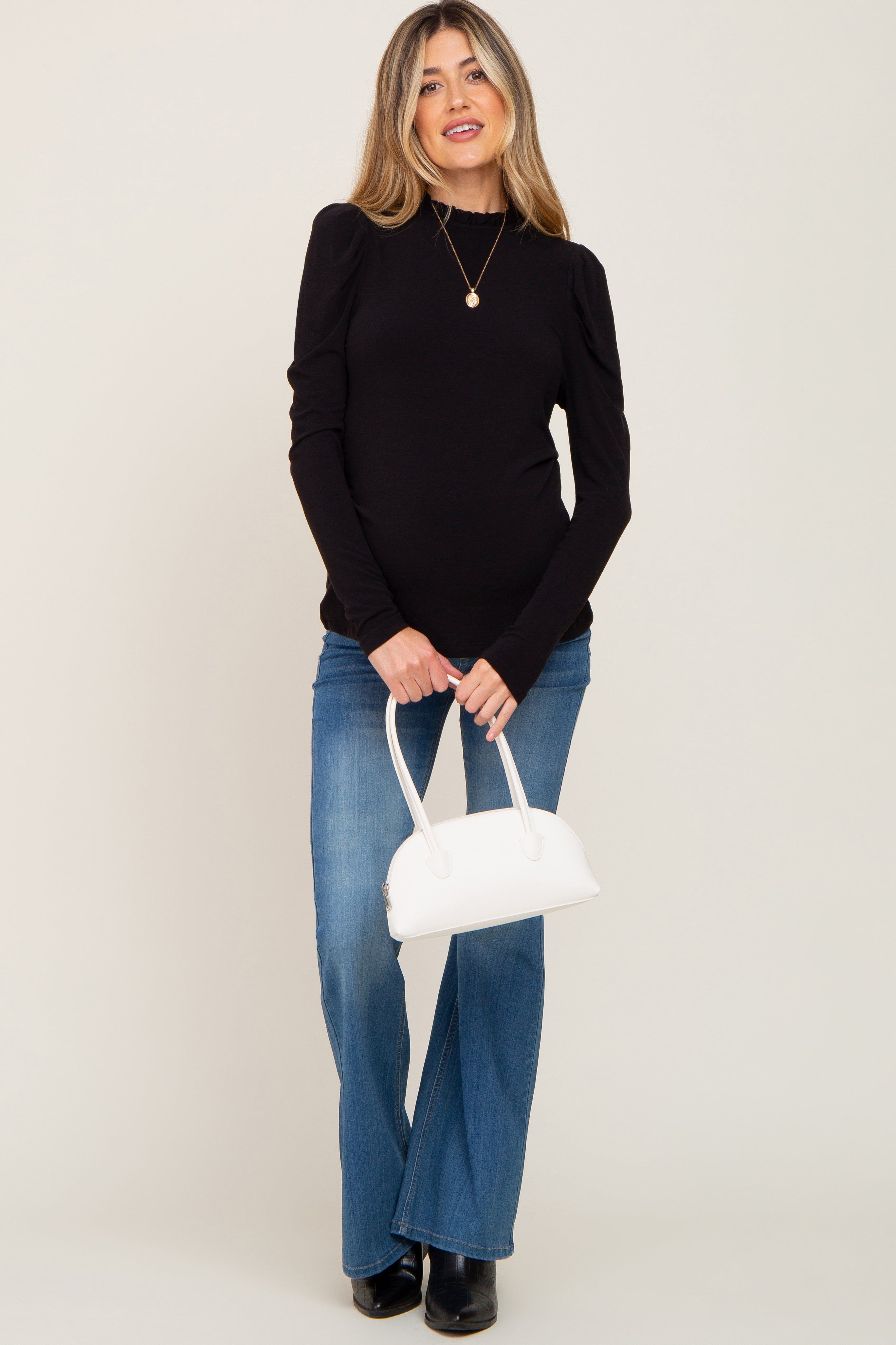 Black Ruffled Mock Neck Long Sleeve Maternity Top sold by Pinkblush product image thumbnail 4