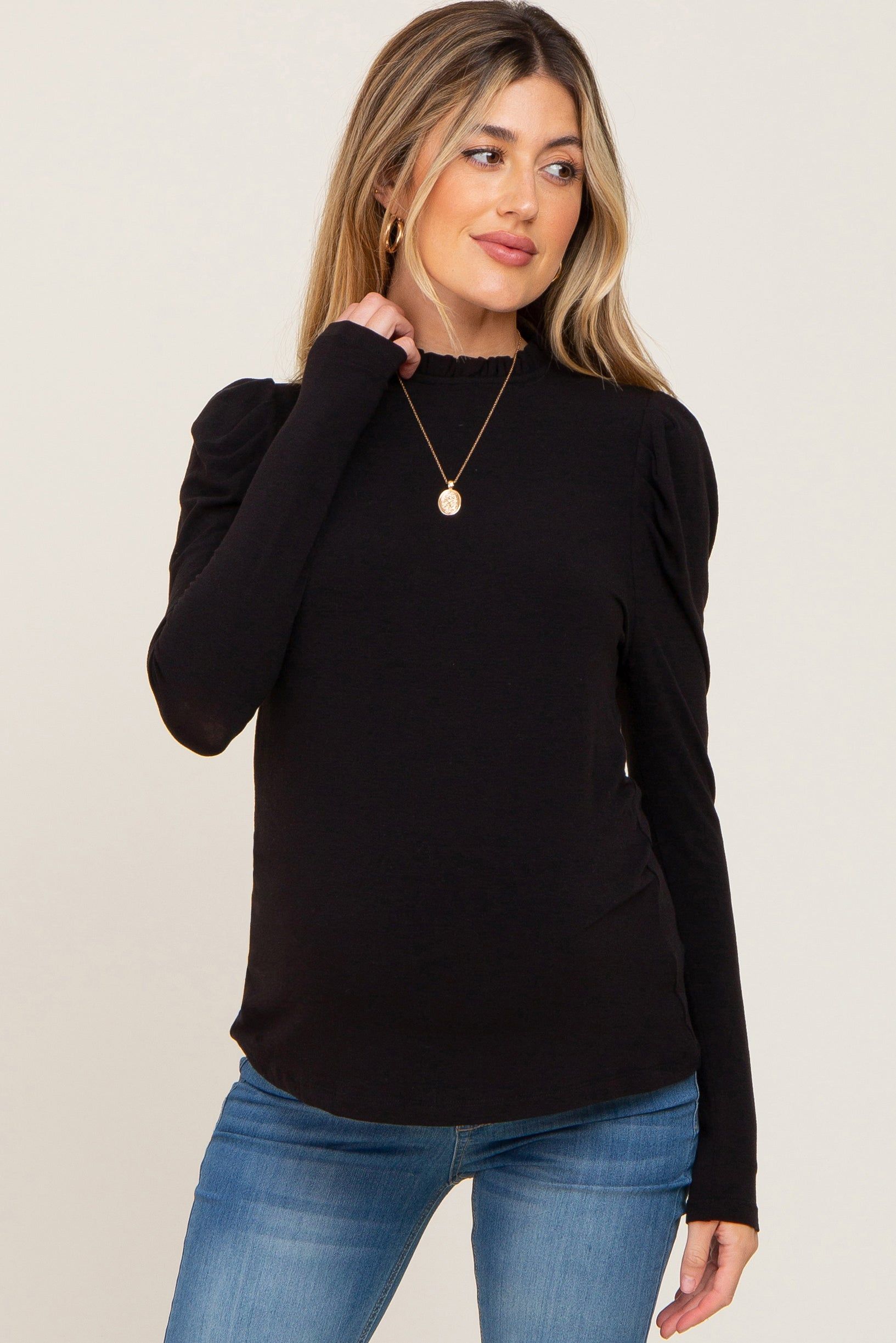 Black Ruffled Mock Neck Long Sleeve Maternity Top sold by Pinkblush