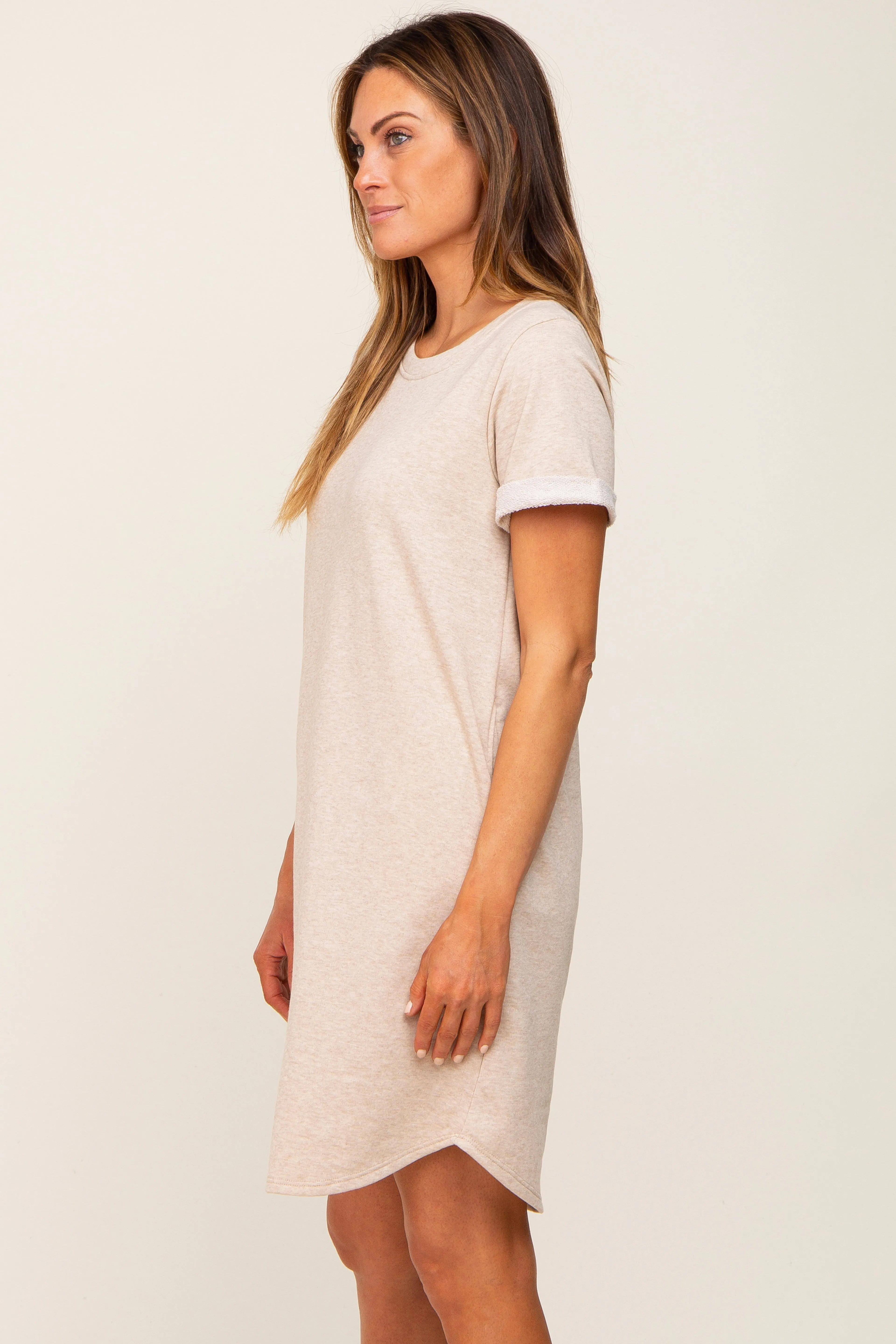 Beige French Terry Cuffed Short Sleeve Dress sold by Pinkblush product image thumbnail 2