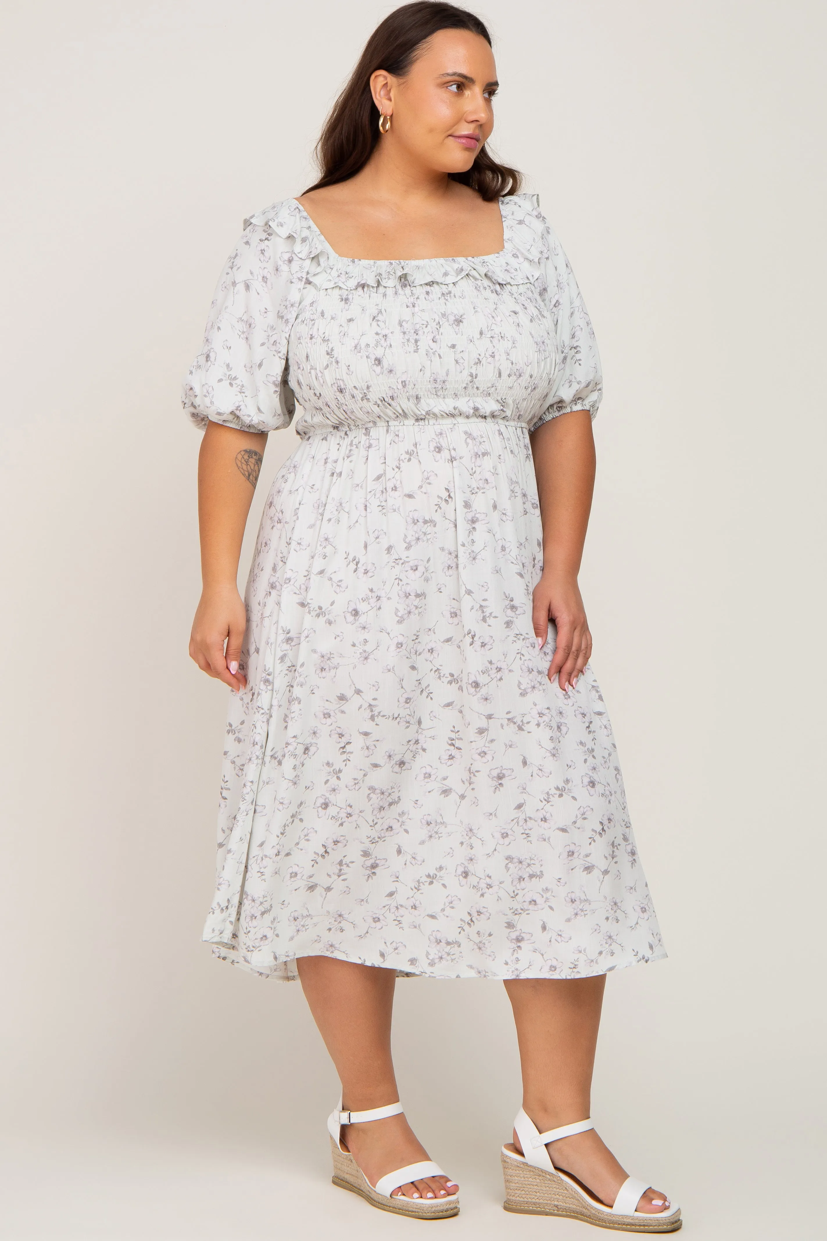 Mint Green Floral Smocked Puff Sleeve Plus Midi Dress sold by Pinkblush product image thumbnail 2