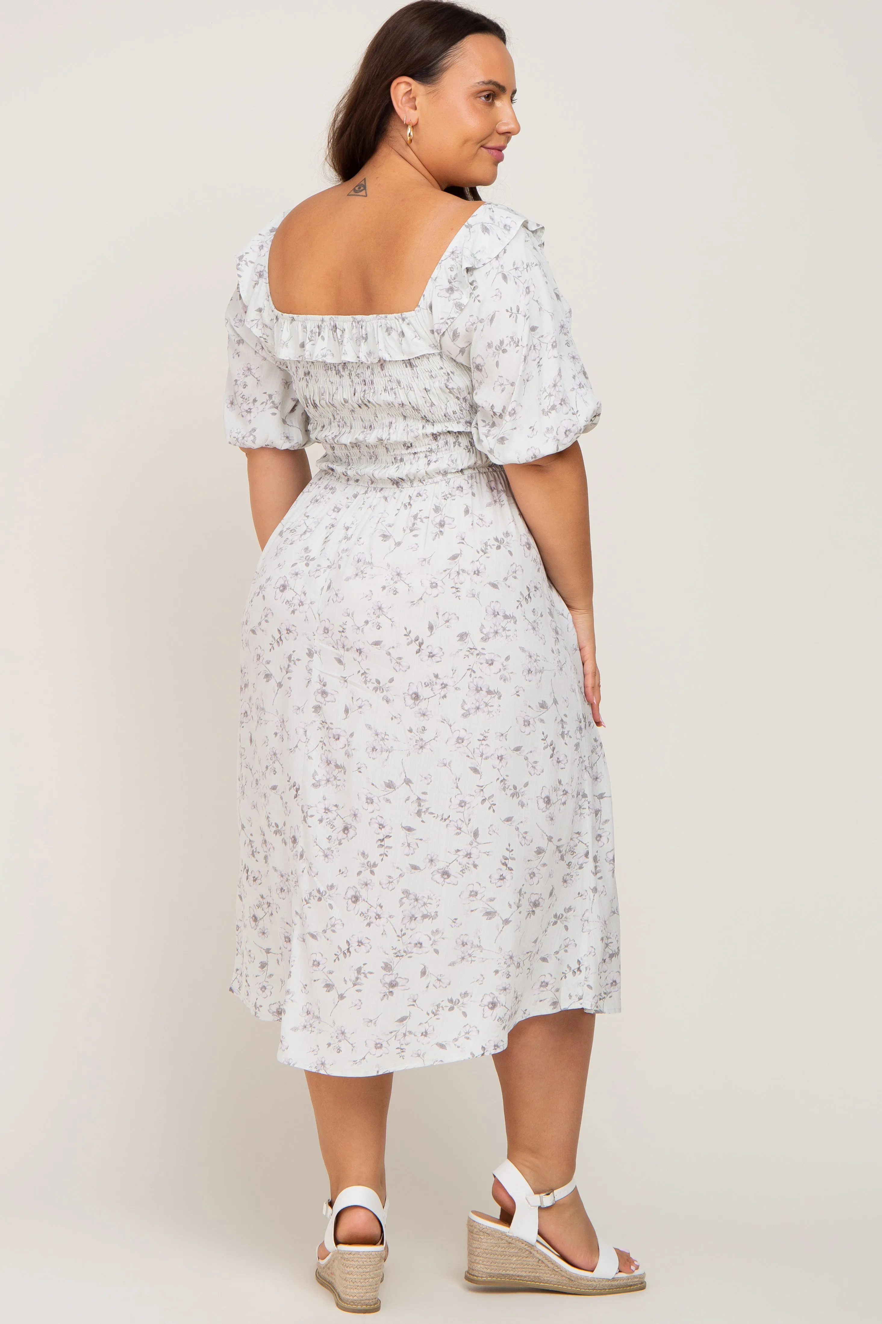 Mint Green Floral Smocked Puff Sleeve Plus Midi Dress sold by Pinkblush product image thumbnail 3