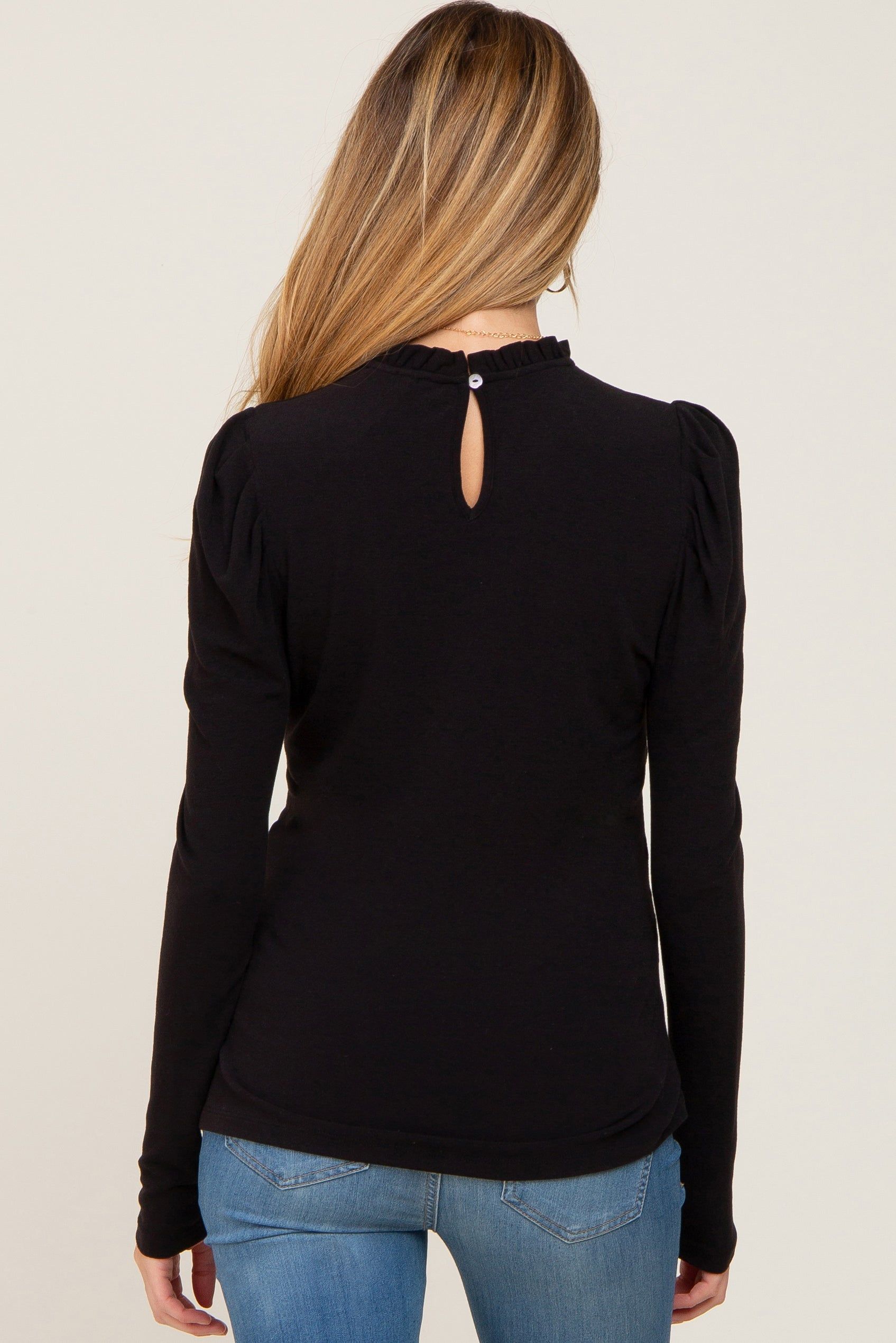 Black Ruffled Mock Neck Long Sleeve Maternity Top sold by Pinkblush product image thumbnail 3