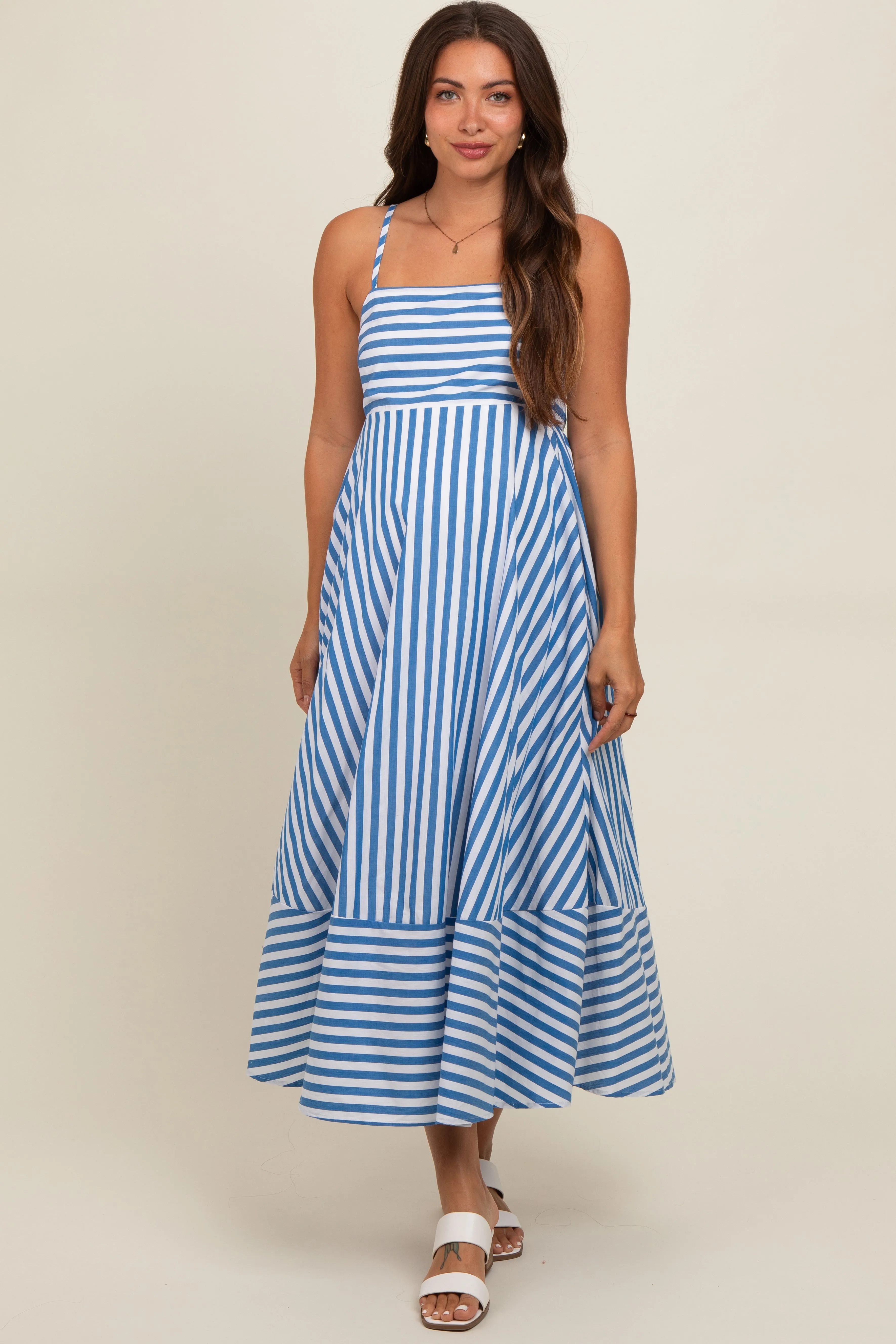 Blue Contrast Stripe Maternity Midi Dress sold by Pinkblush