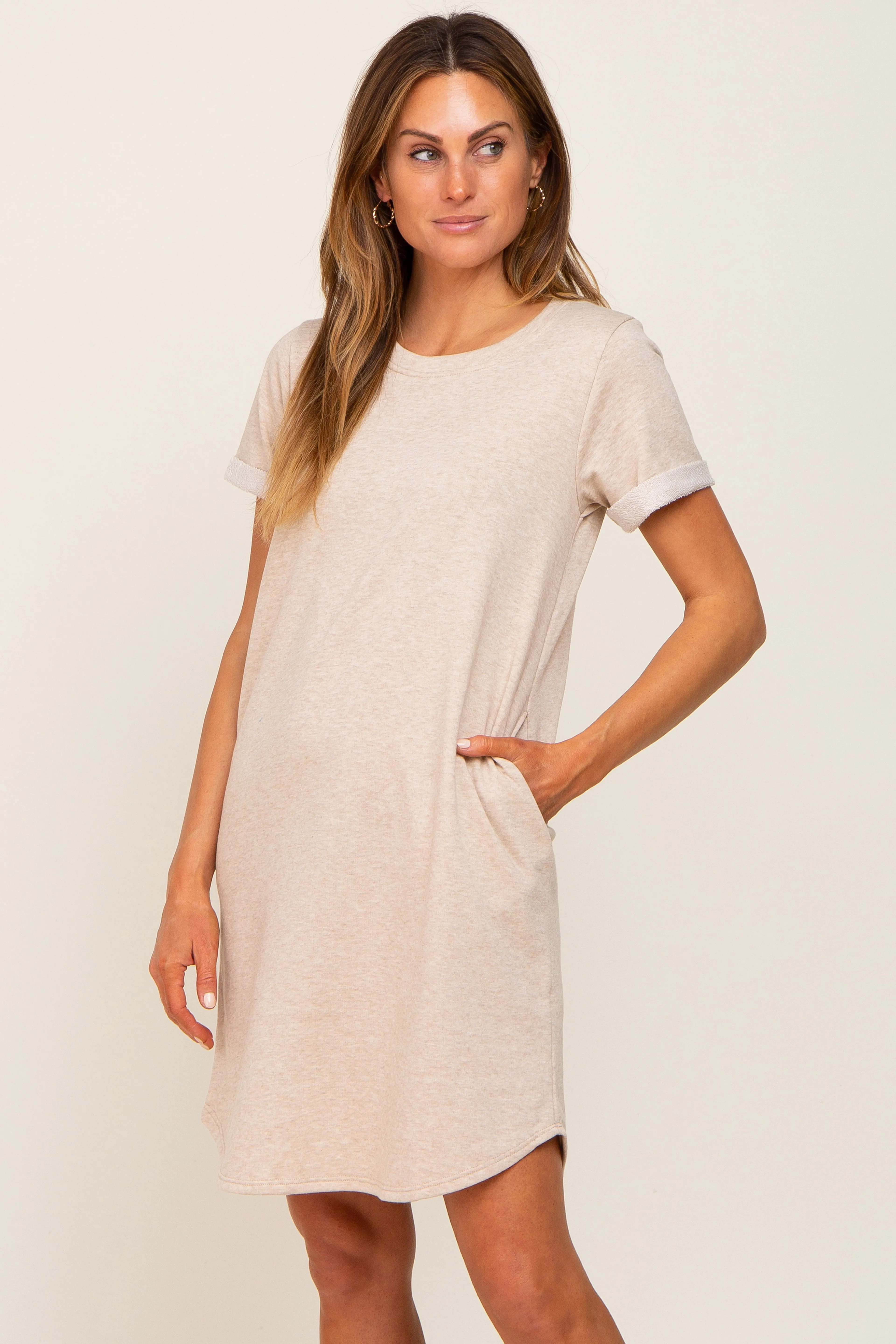 Beige French Terry Cuffed Short Sleeve Dress sold by Pinkblush
