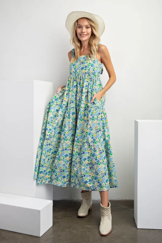 Blue Floral Square Neck Cut Out Back Tiered Maxi Dress sold by Pinkblush