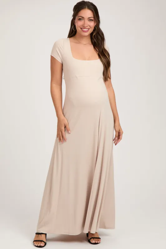 Beige Ribbed Square Neck Short Sleeve Maternity Maxi Dress sold by Pinkblush