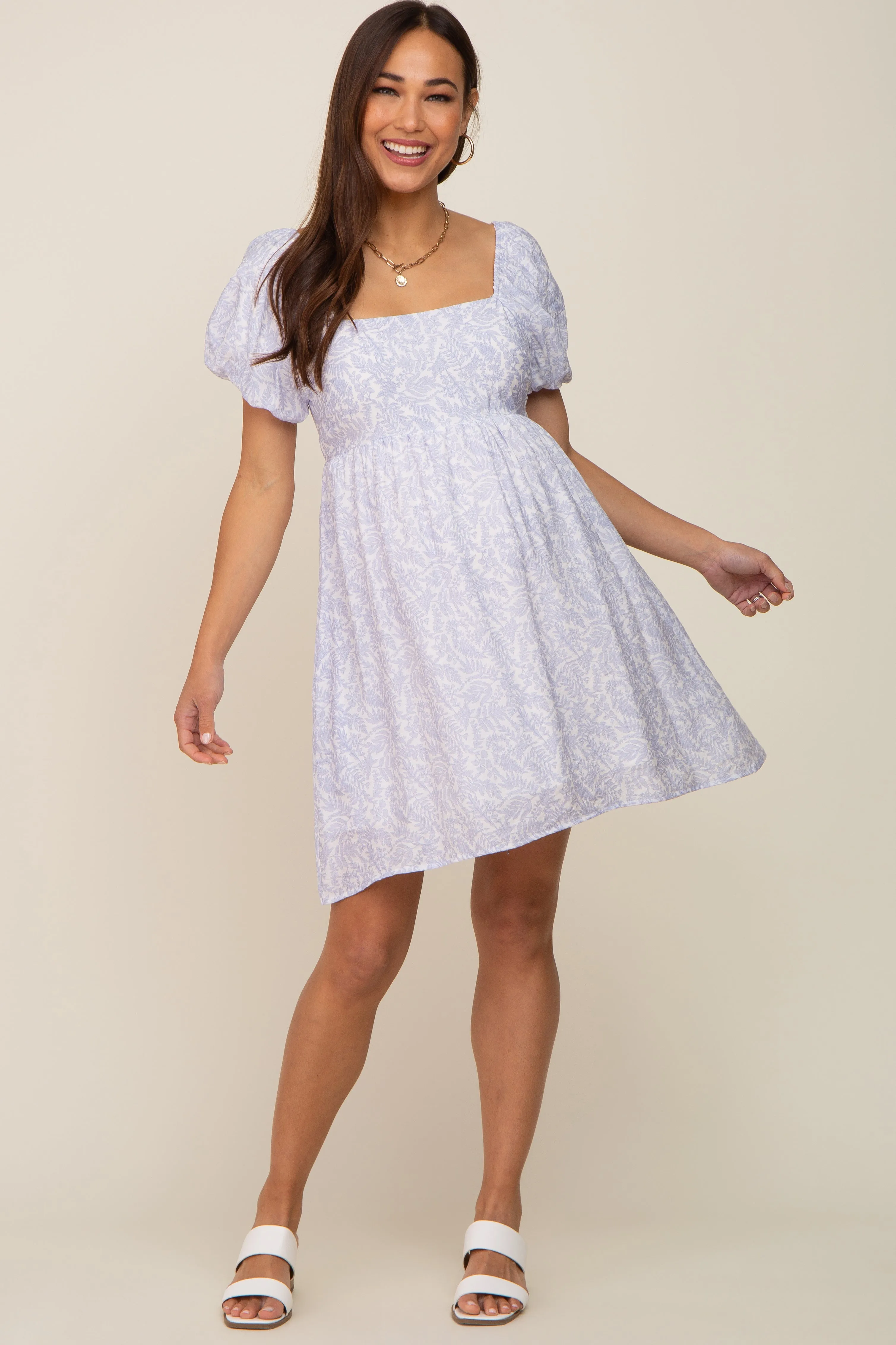 Ivory Leaf Print Puff Sleeve Maternity Dress sold by Pinkblush product image thumbnail 4