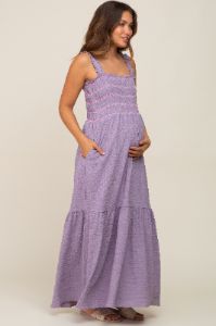Lavender Smocked Embroidered Ruffle Strap Maternity Maxi Dress sold by Pinkblush