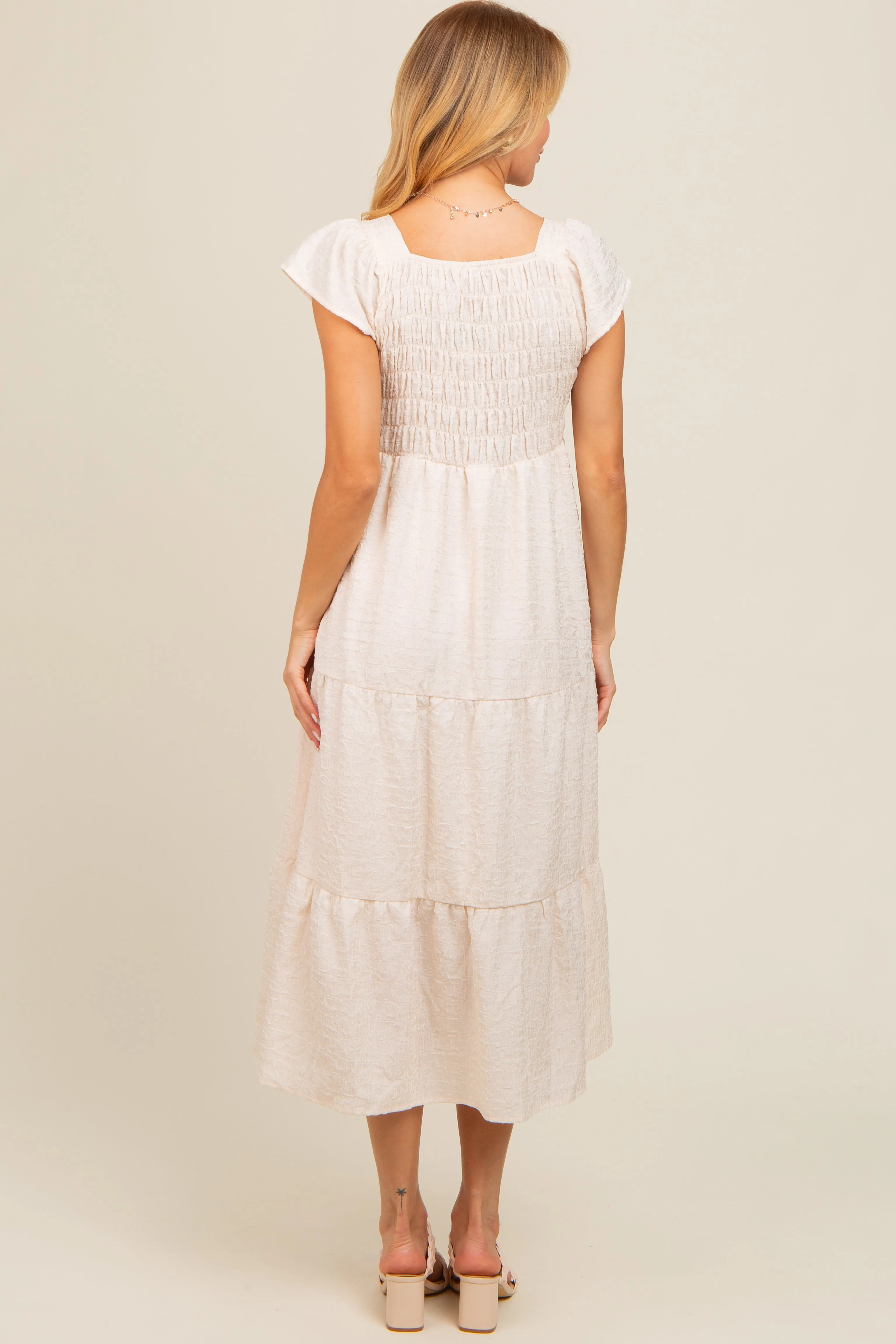 Ivory Textured Sweetheart Neck Short Puff Sleeve Tiered Midi Dress sold by Pinkblush product image thumbnail 4