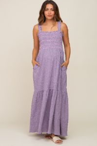 Lavender Smocked Embroidered Ruffle Strap Maternity Maxi Dress sold by Pinkblush