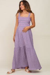 Lavender Smocked Embroidered Ruffle Strap Maternity Maxi Dress sold by Pinkblush