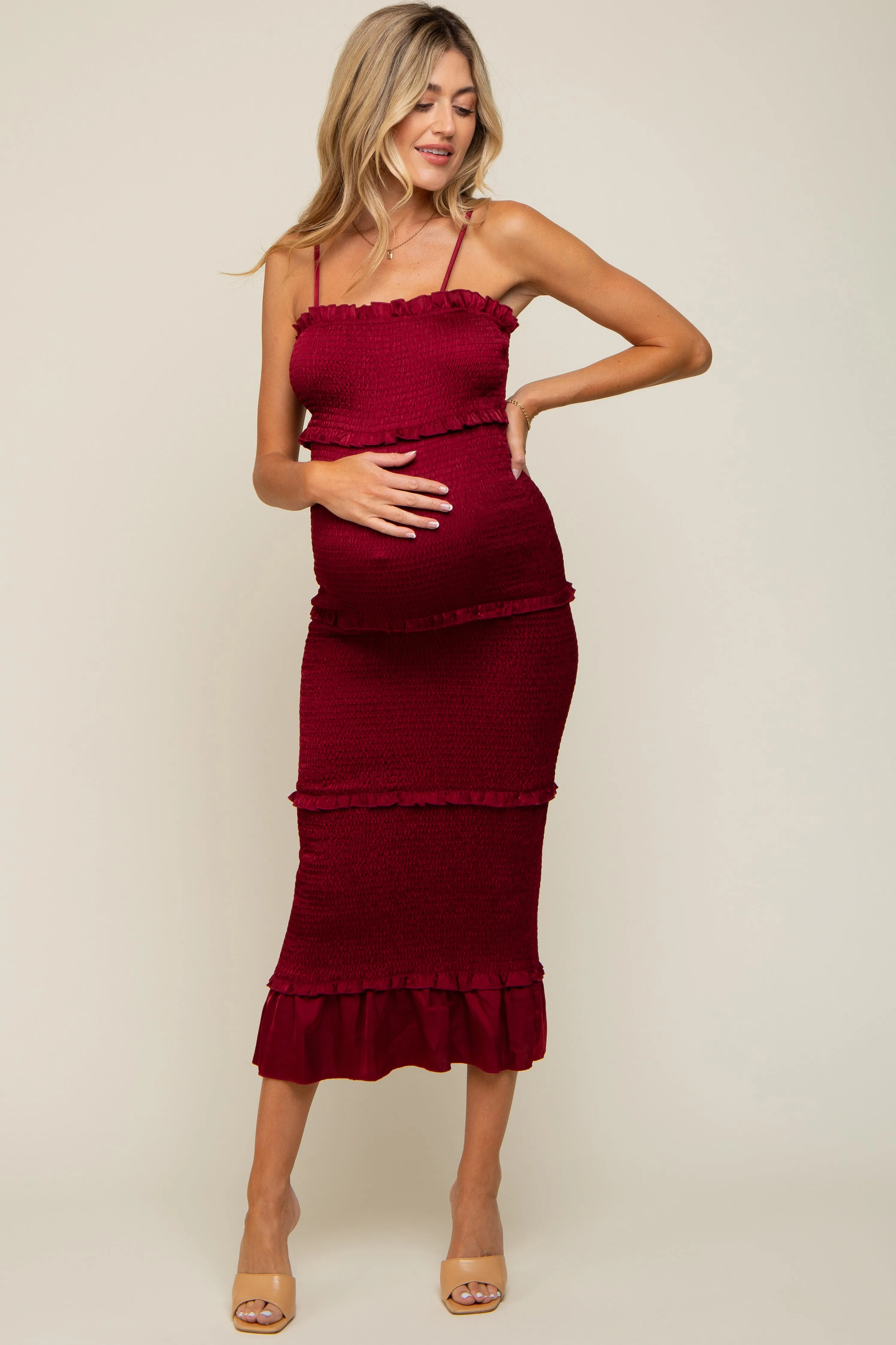 Burgundy Satin Smocked Fitted Maternity Midi Dress sold by Pinkblush product image thumbnail 4