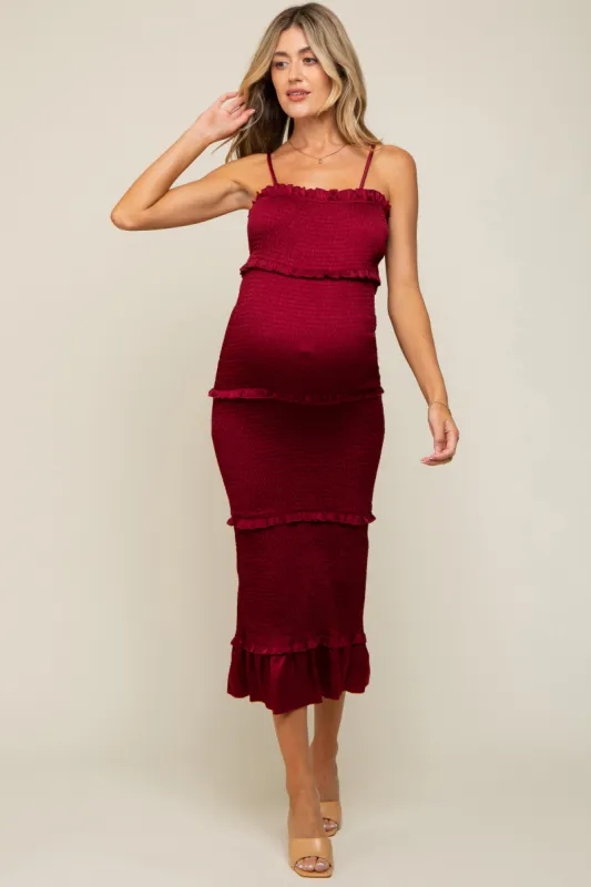 Burgundy Satin Smocked Fitted Maternity Midi Dress sold by Pinkblush