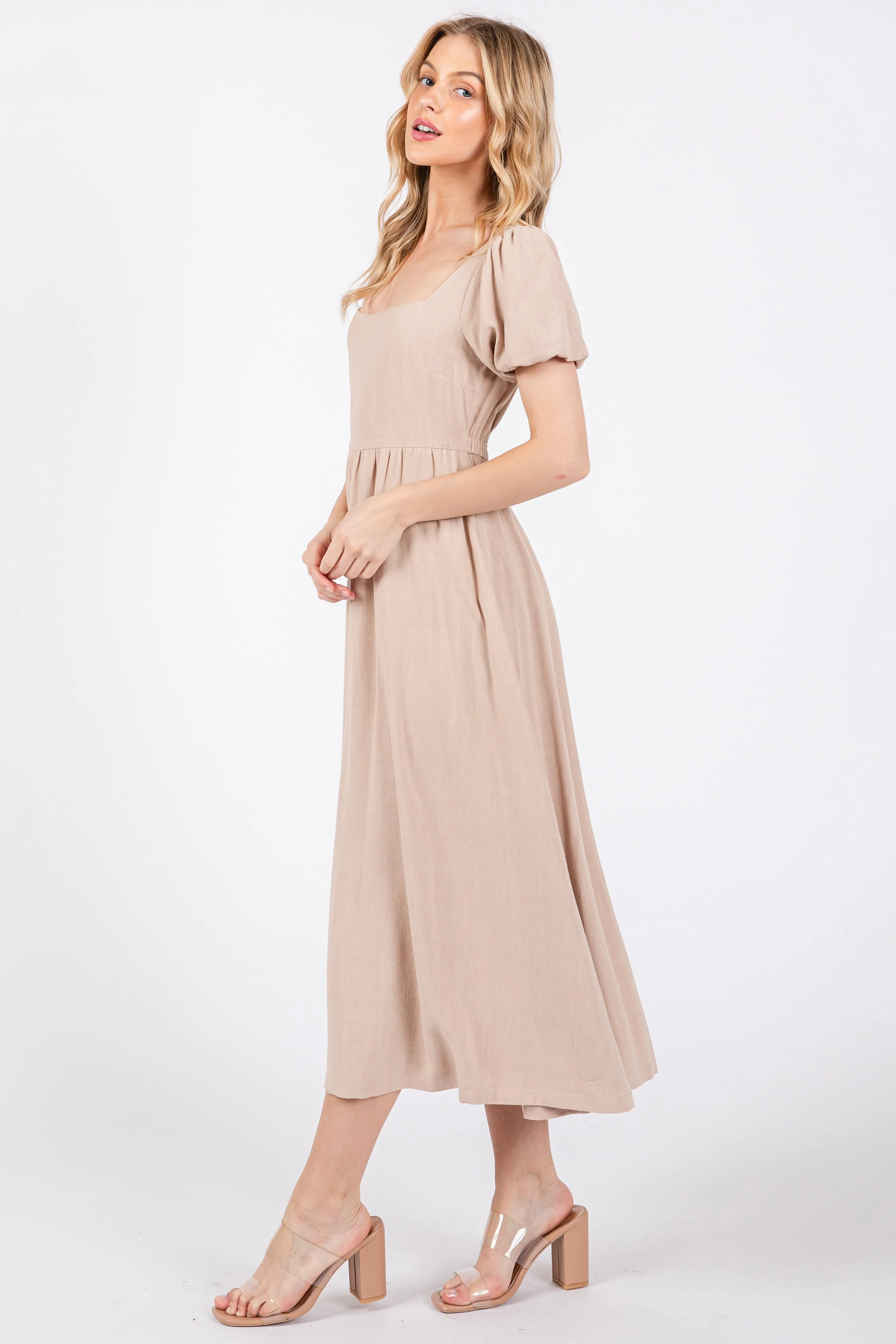 Taupe Puff Sleeve Linen Midi Dress sold by Pinkblush product image thumbnail 2