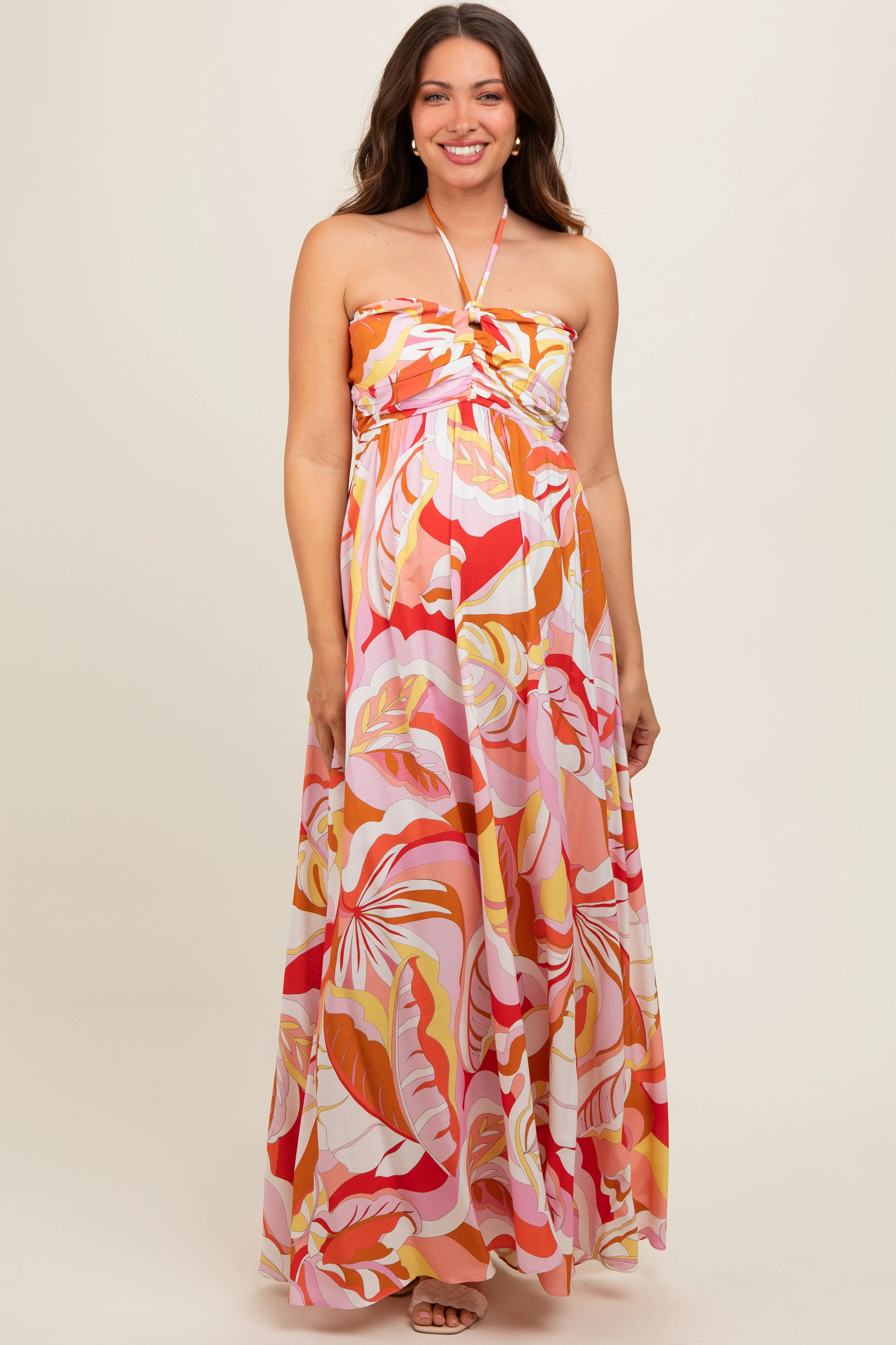 Pink Abstract Print Halter Maternity Maxi Dress sold by Pinkblush product image thumbnail 3
