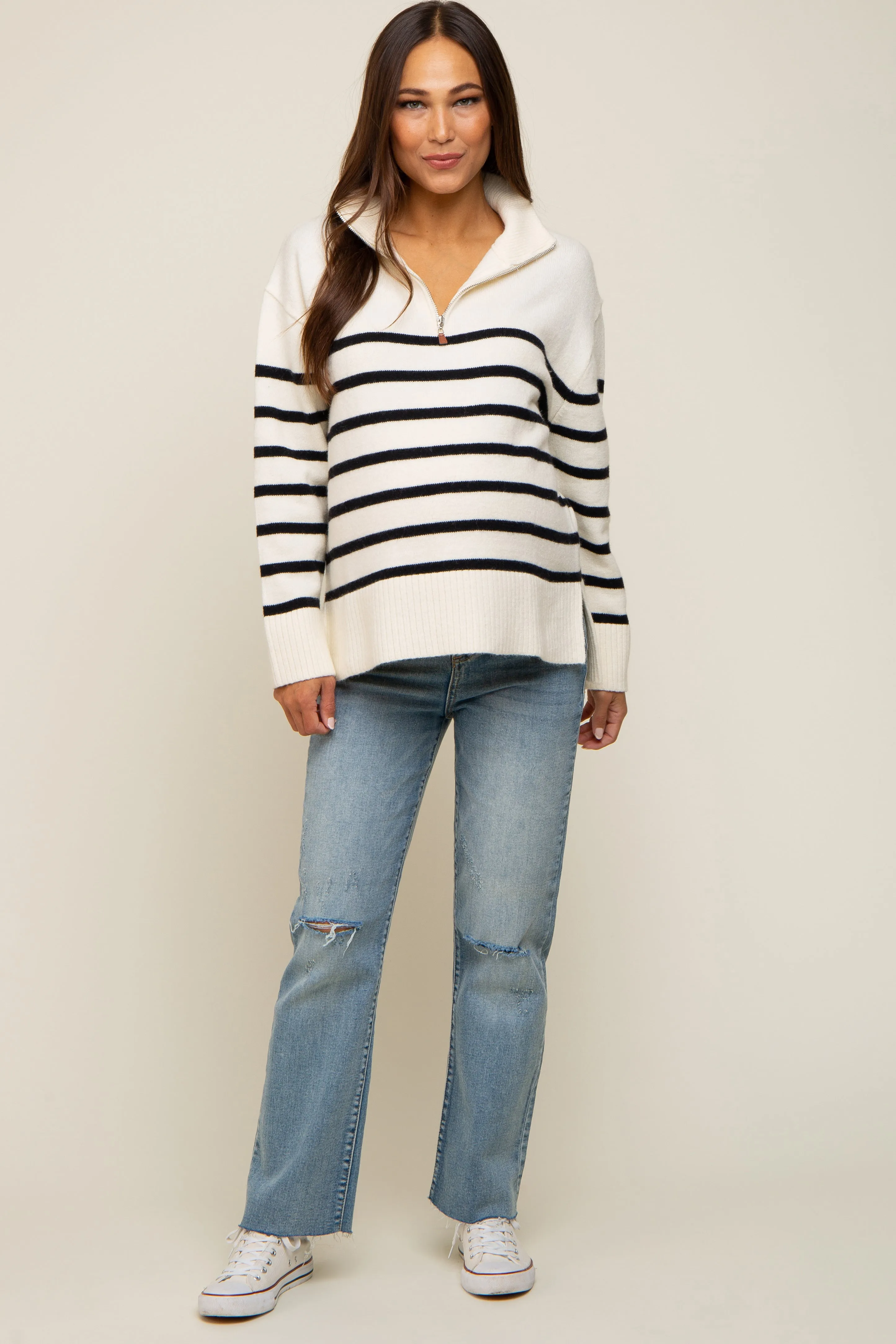 Ivory Striped Half Zip Maternity Sweater sold by Pinkblush product image thumbnail 4