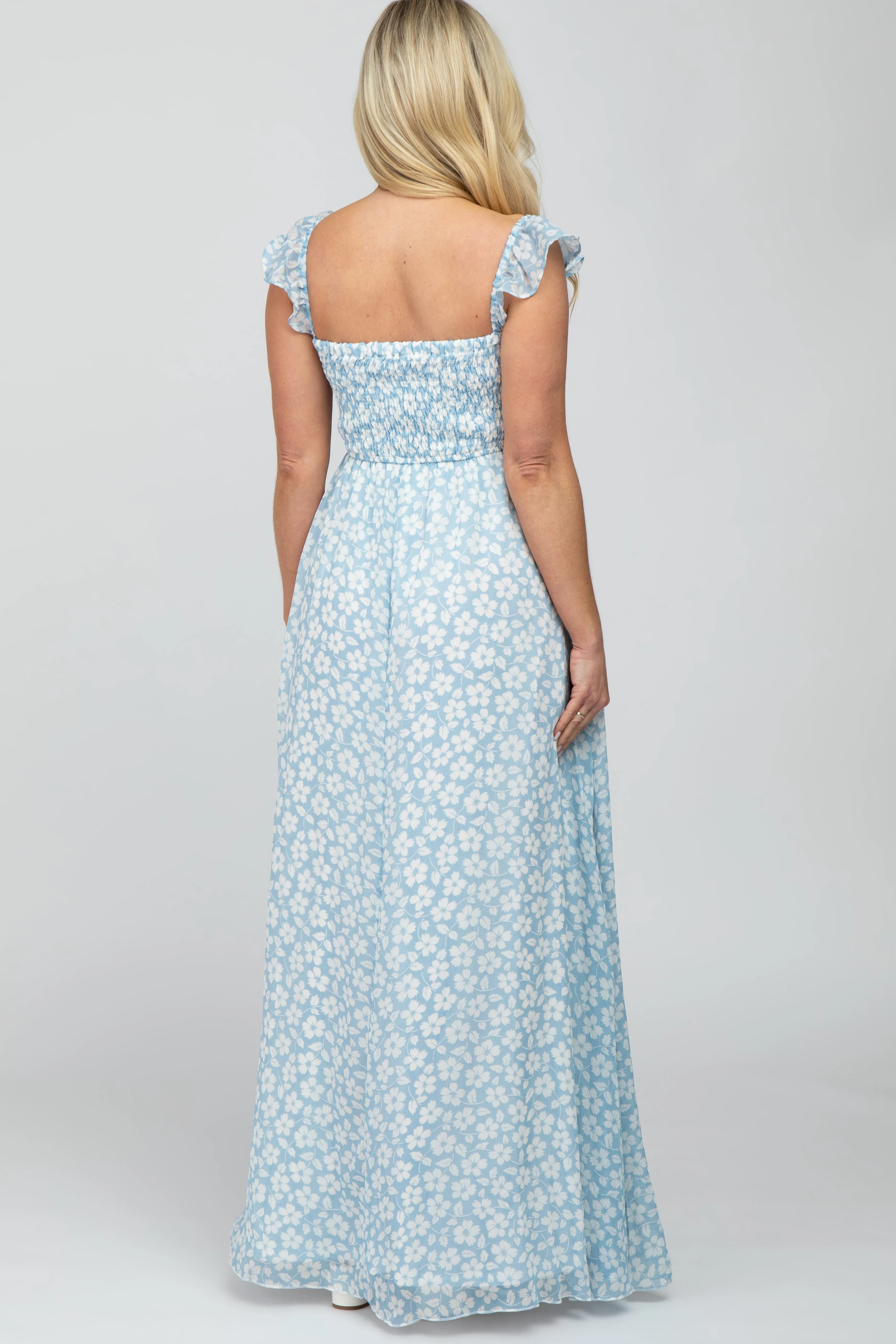 Light Blue Floral Chiffon Sweetheart Neck Off Shoulder Maternity Maxi Dress sold by Pinkblush product image thumbnail 3