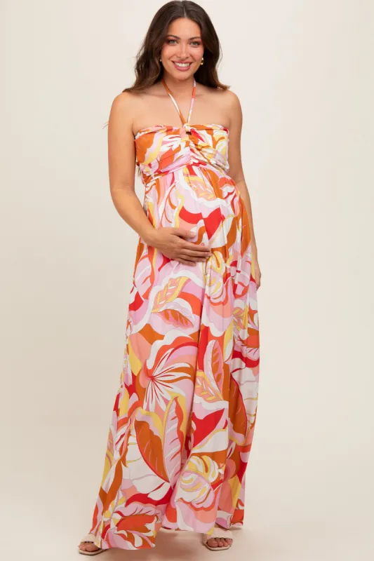 Pink Abstract Print Halter Maternity Maxi Dress sold by Pinkblush